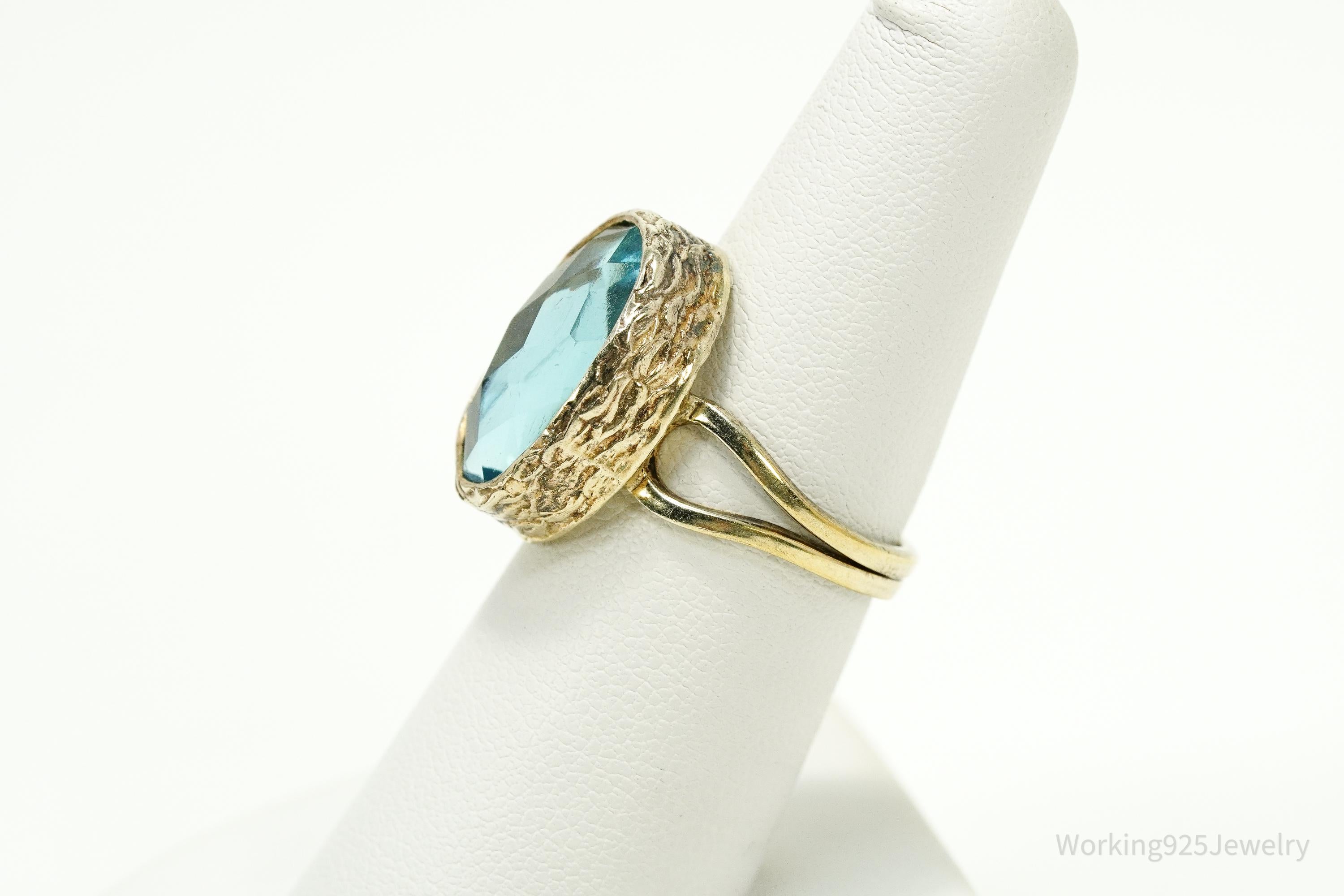 Vintage Blue Stone Gold Vermeil Sterling Silver Ring - Size 6.75 Adjustable