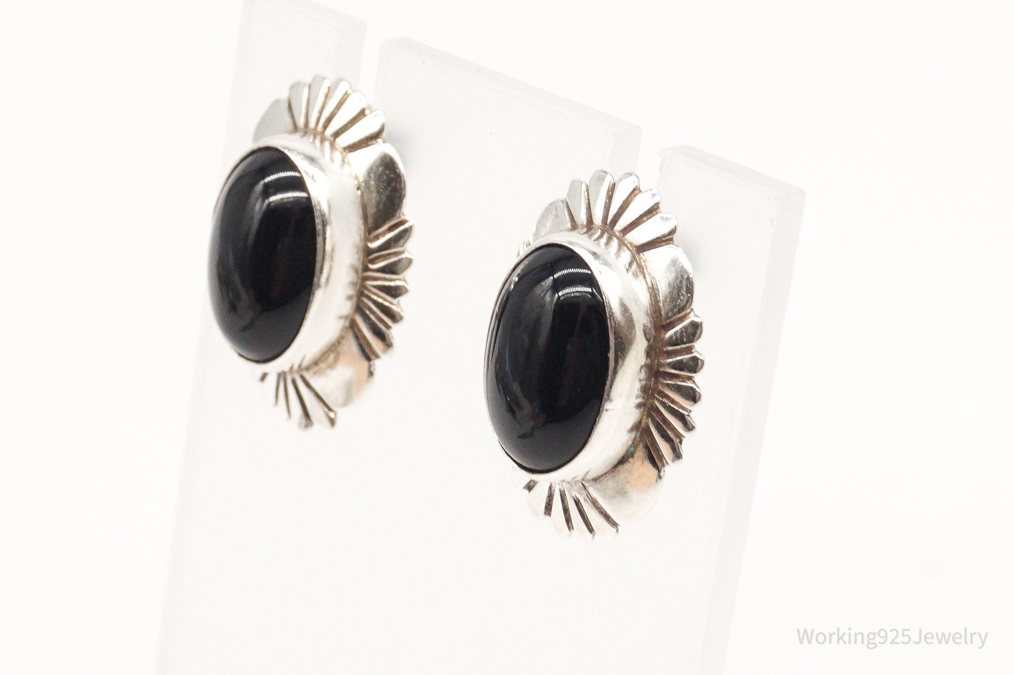 Vintage Native American EB Black Onyx Sterling Silver Earrings