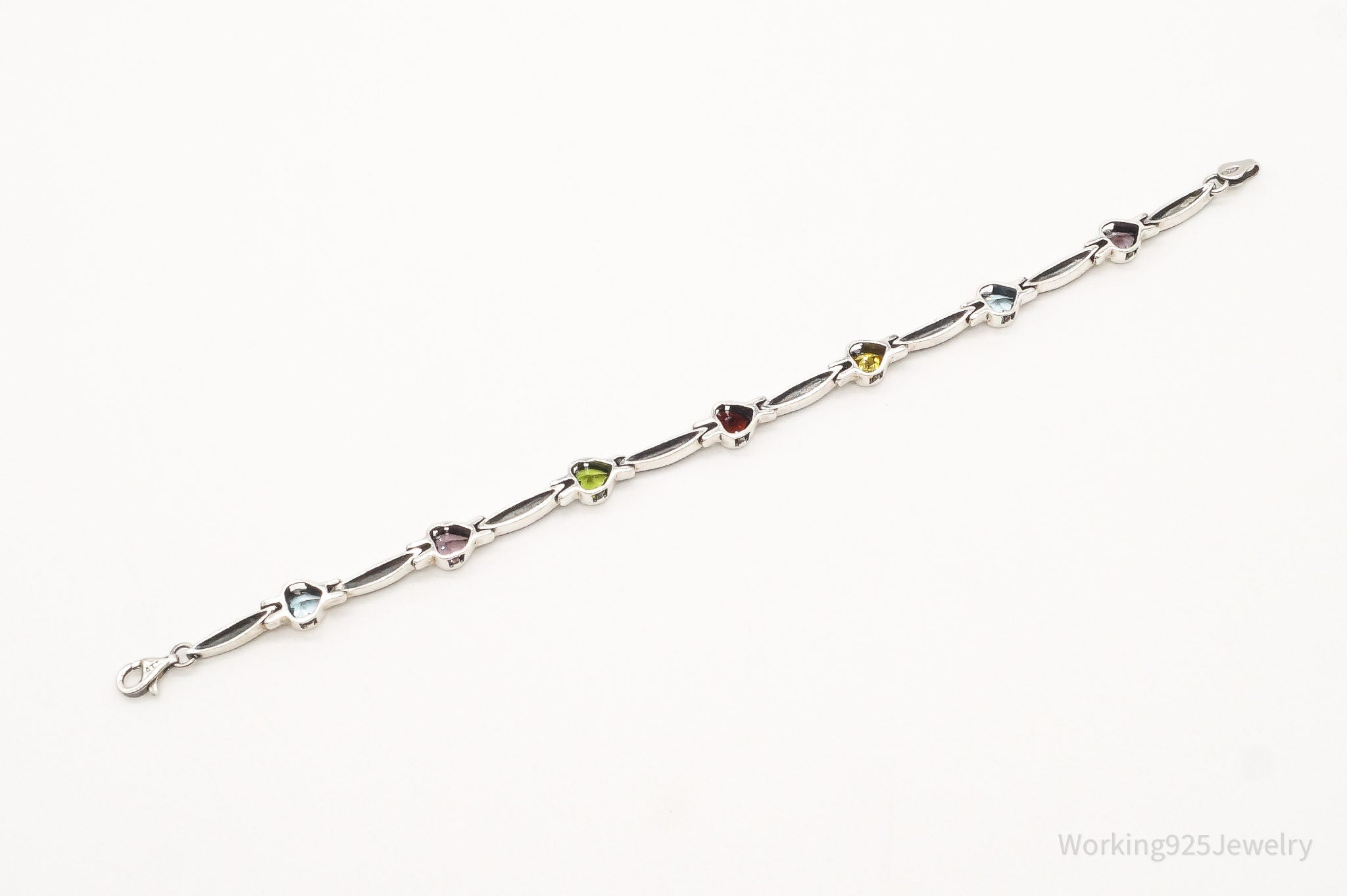 Vintage Multi Gemstones Hearts Sterling Silver Bracelet