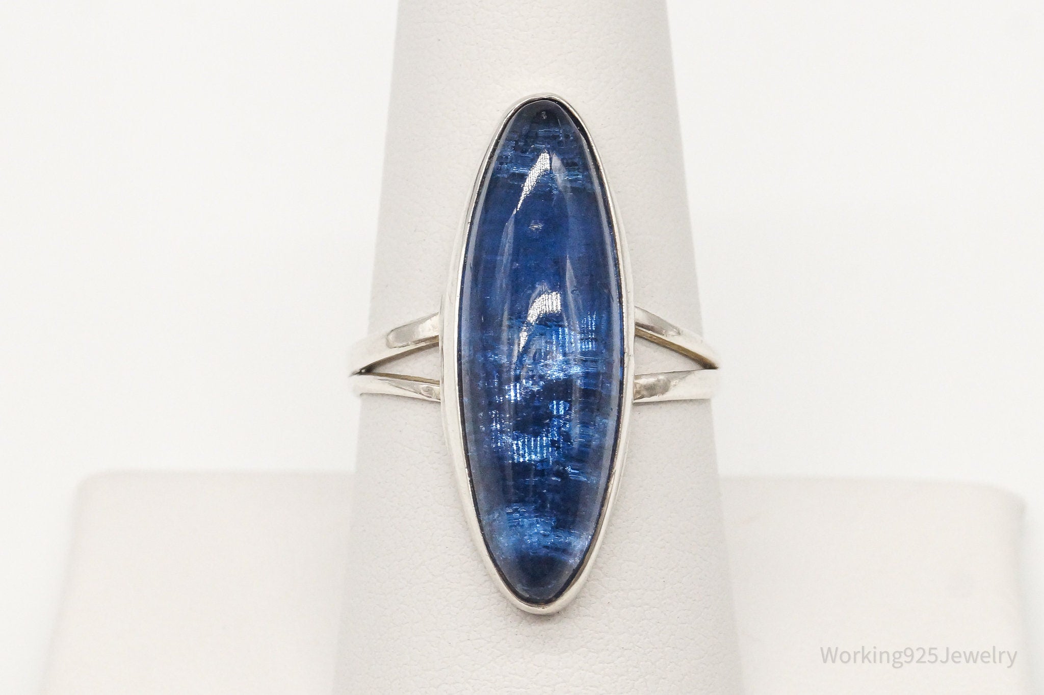 Vintage Mexico Modernist Sleek Blue Glass Sterling Silver Ring - Size 8.25