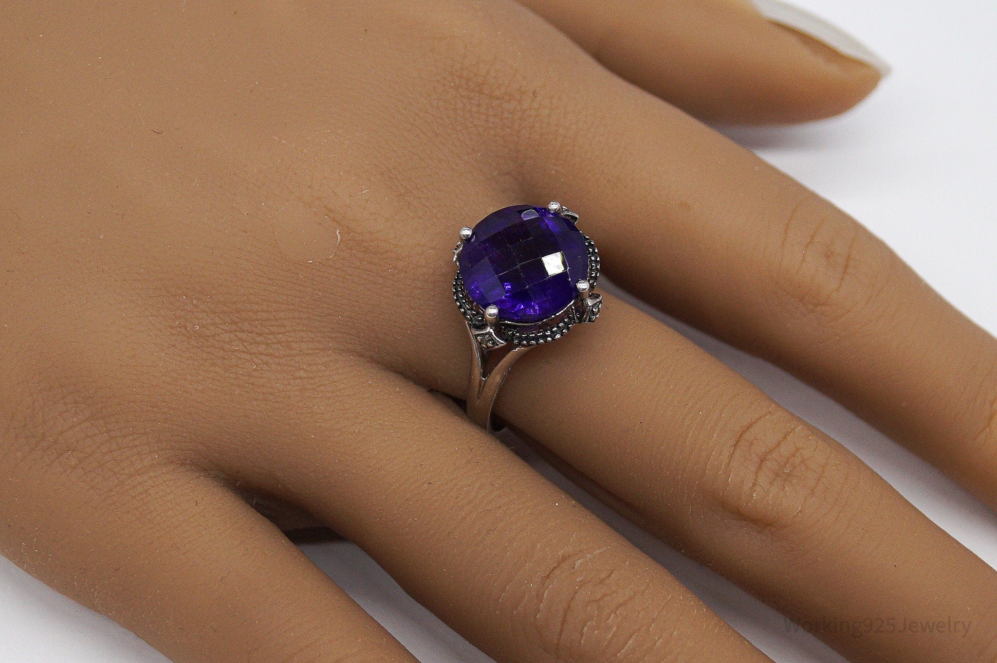 Vintage Amethyst & Diamond Sterling Silver Ring - Size 10