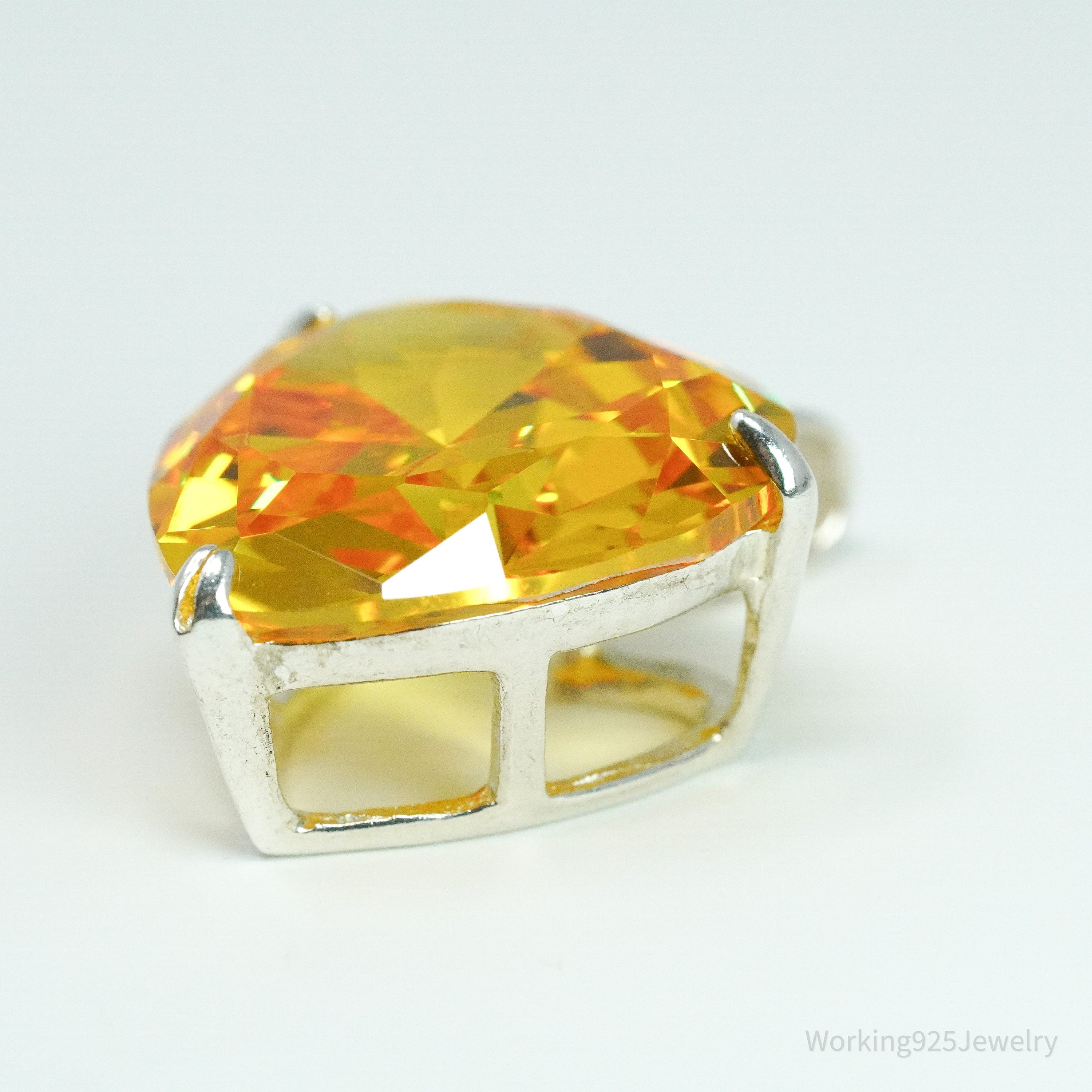 Vintage Large Citrine Heart Sterling Silver Necklace Pendant