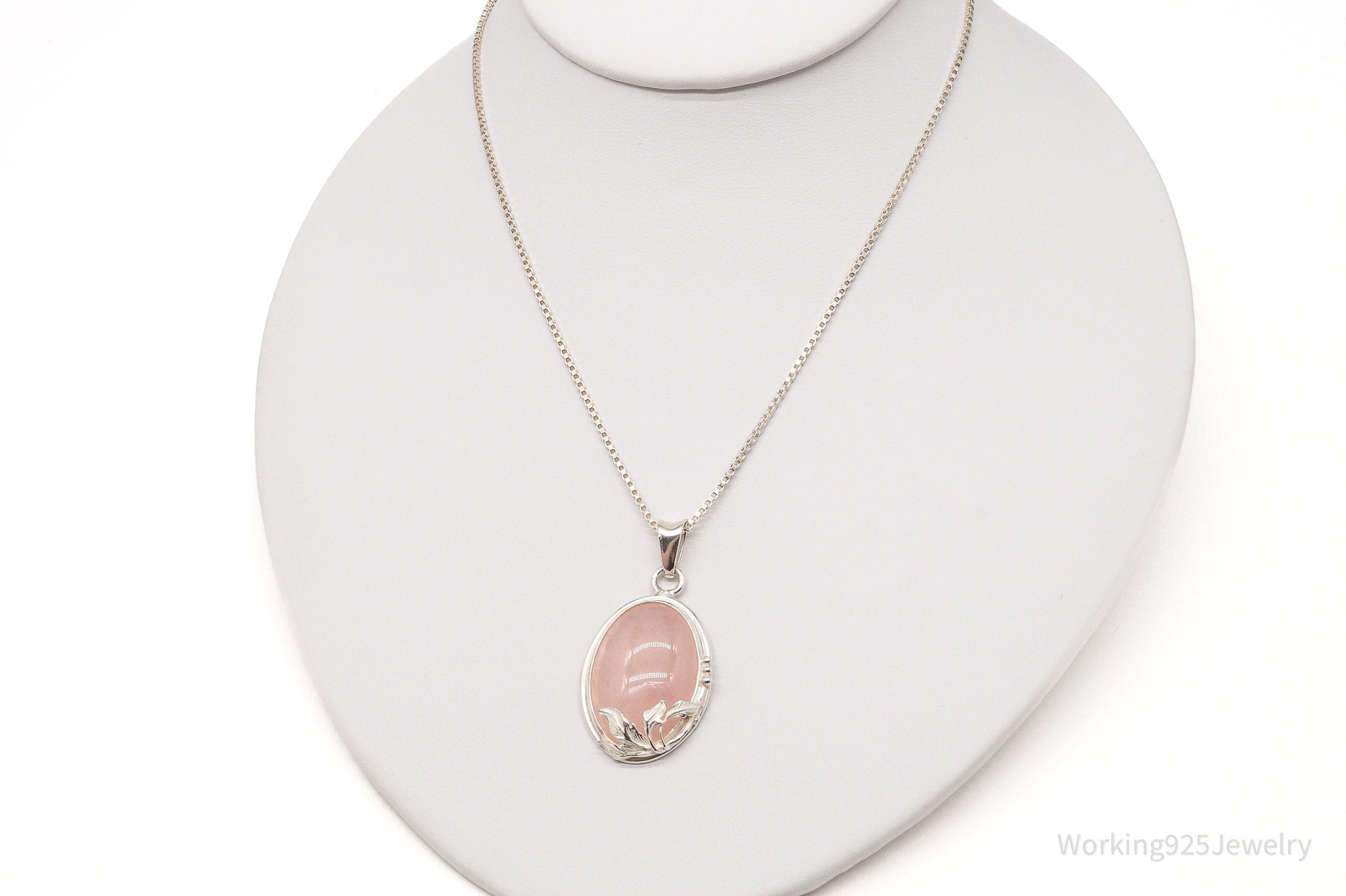 Vintage Large Rose Quartz Sterling Silver Necklace 18"