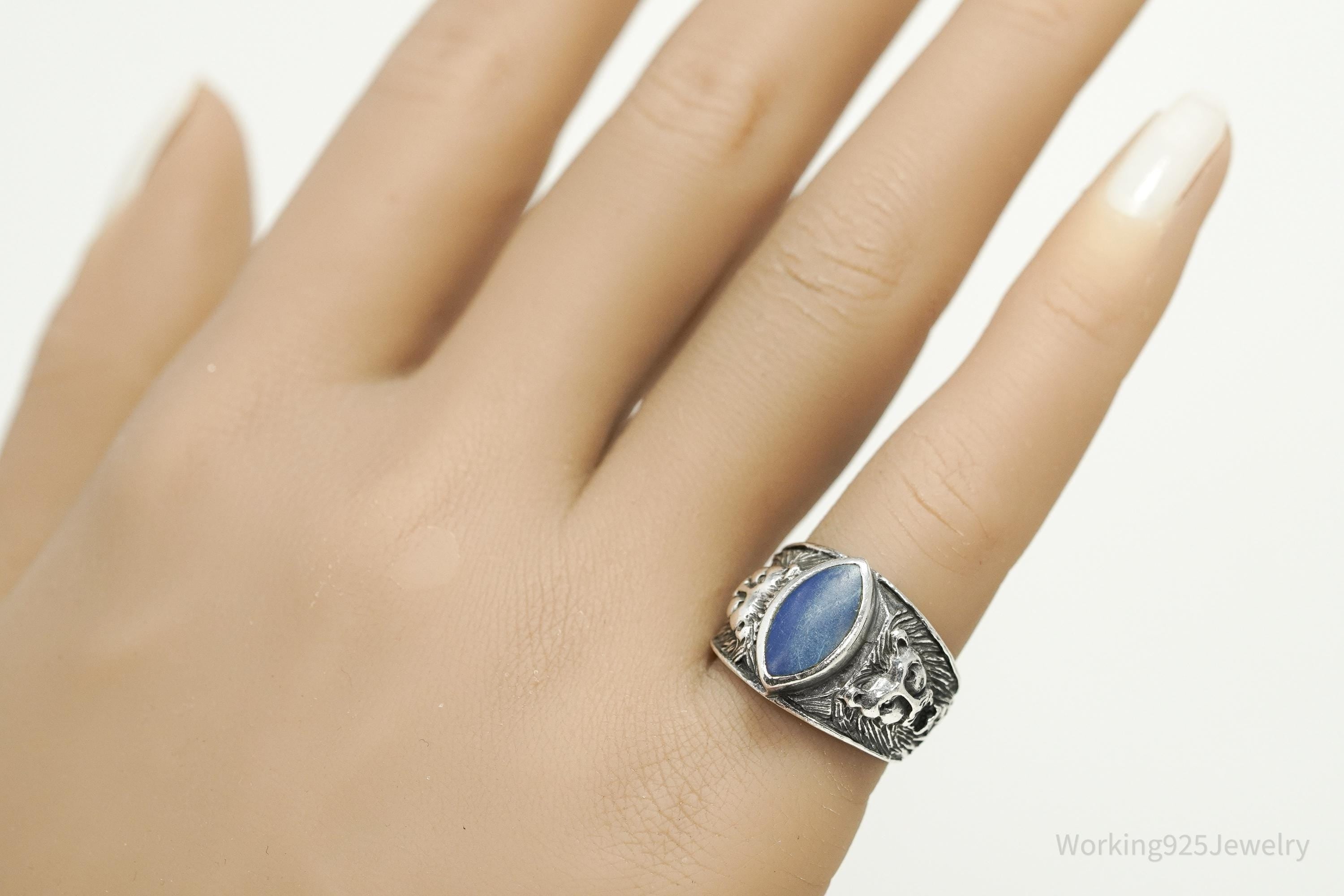Vintage Blue Lapis Lazuli Lion Head Sterling Silver Ring - Size 6.5