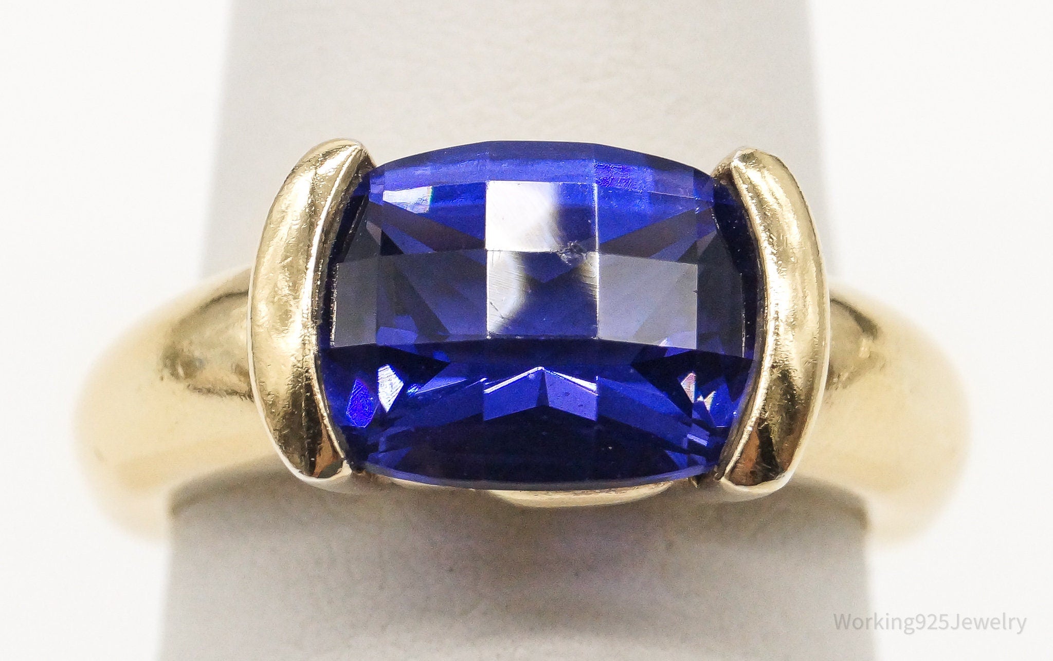 Vintage Large Blue Cubic Zirconia Gold Vermeil Sterling Silver Ring - Size 6