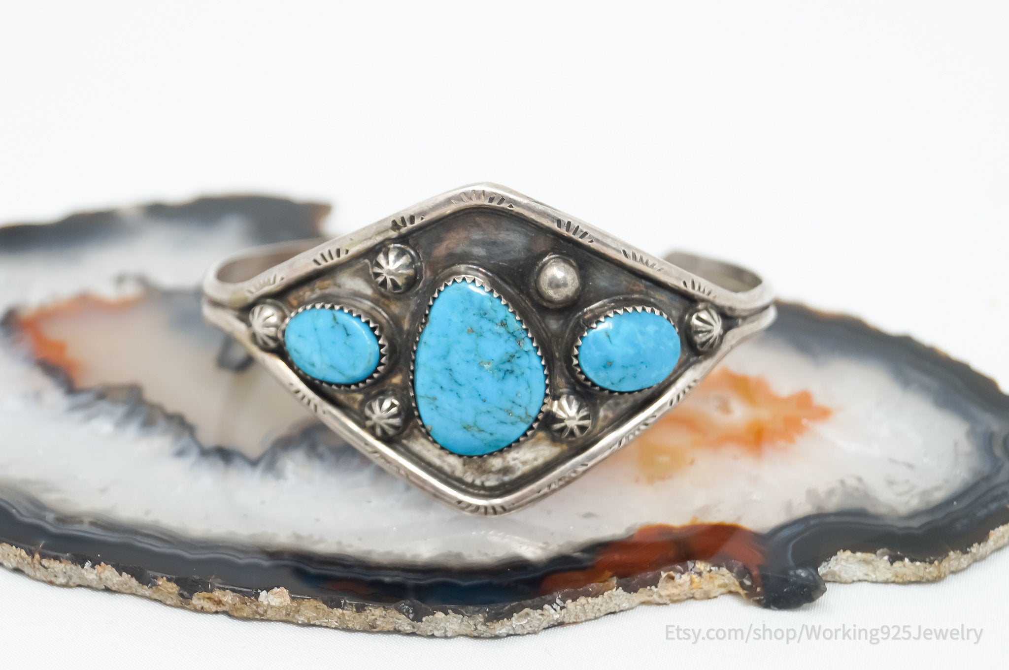 Vintage Native Handmade Unsigned Turquoise Sterling Silver Cuff Bracelet