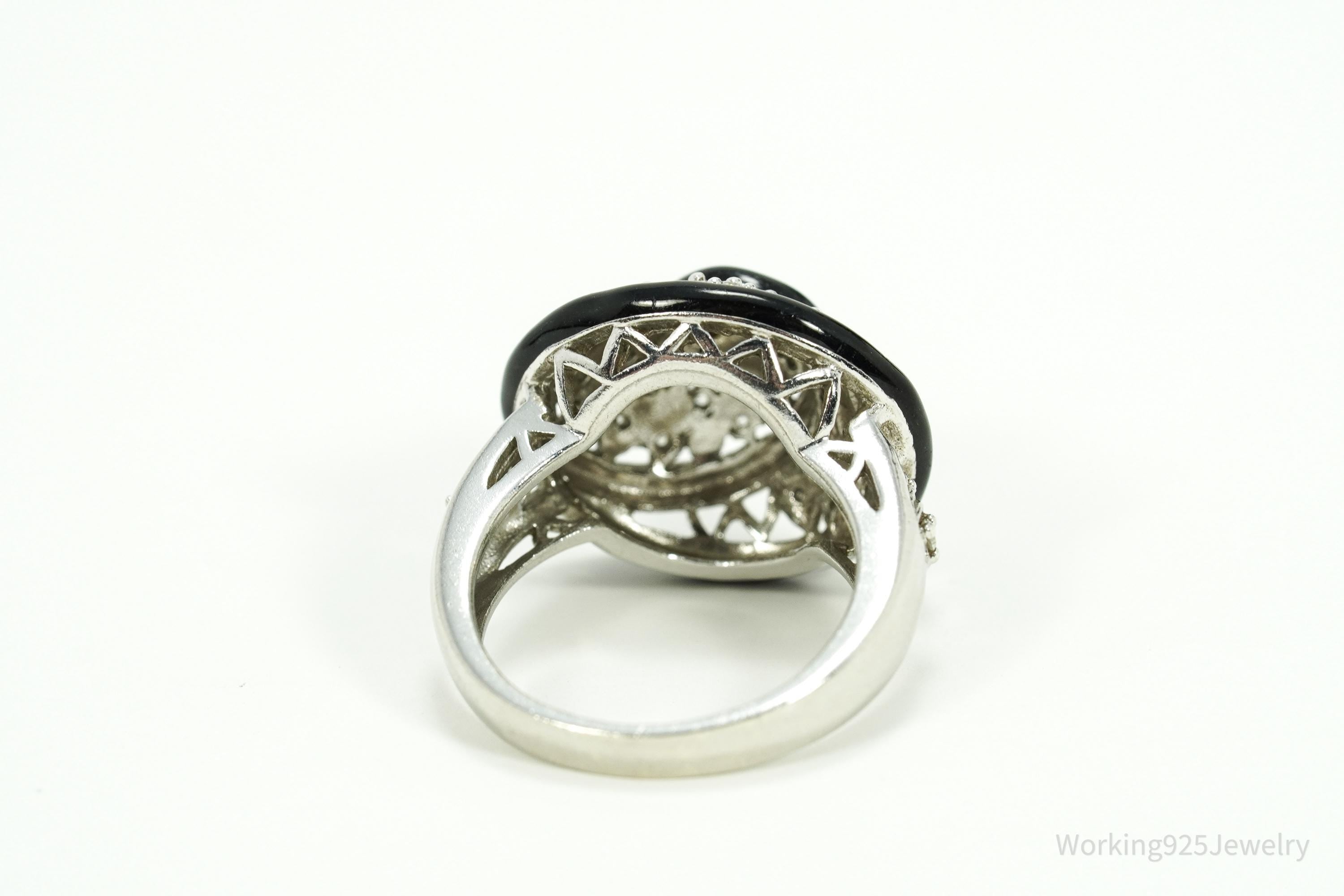 Vintage Designer Cubic Zirconia & Enamel Spiral Sterling Silver Ring - Size 7