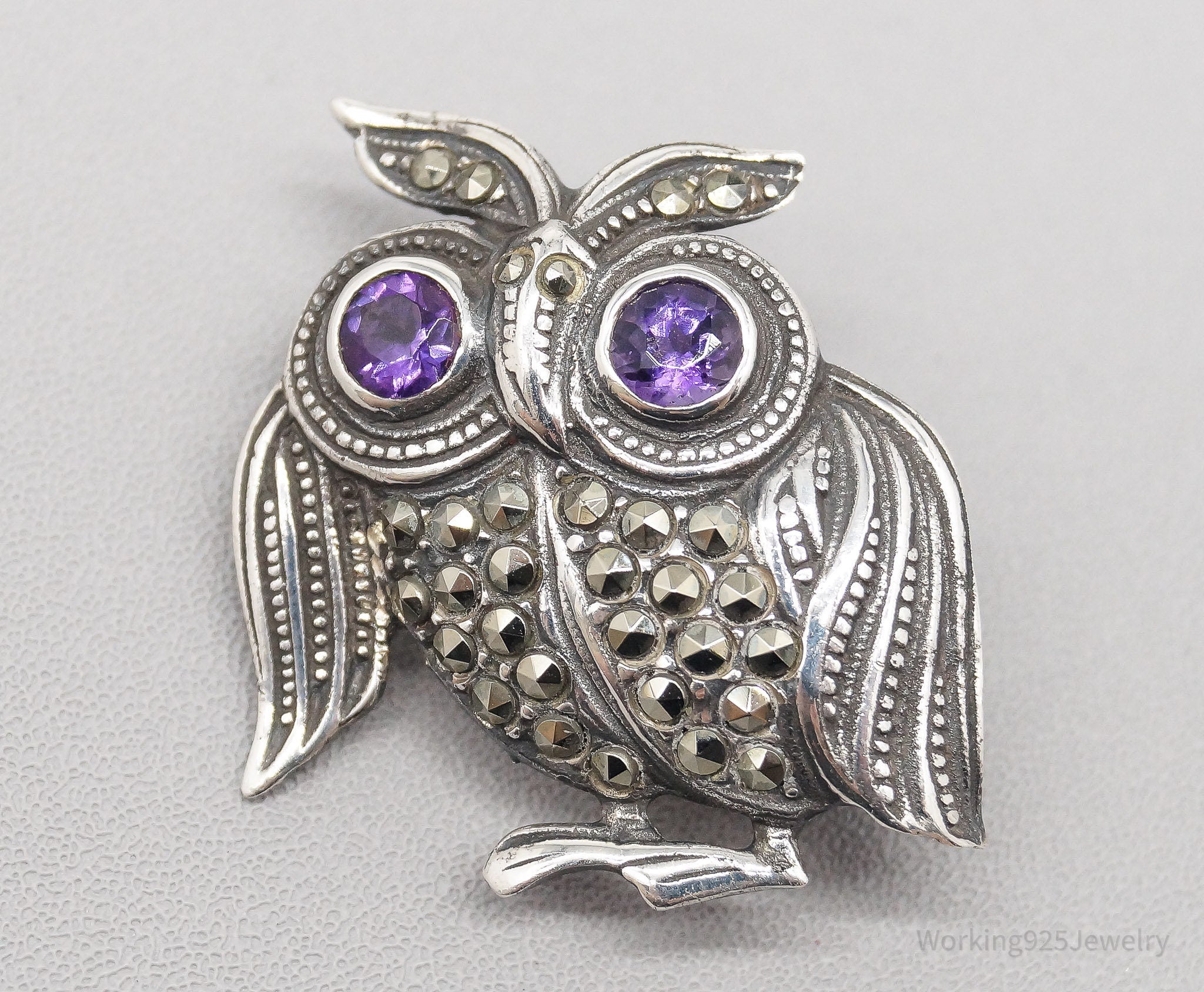 Vintage Amethyst Marcasite Owl Sterling Silver Pin Brooch