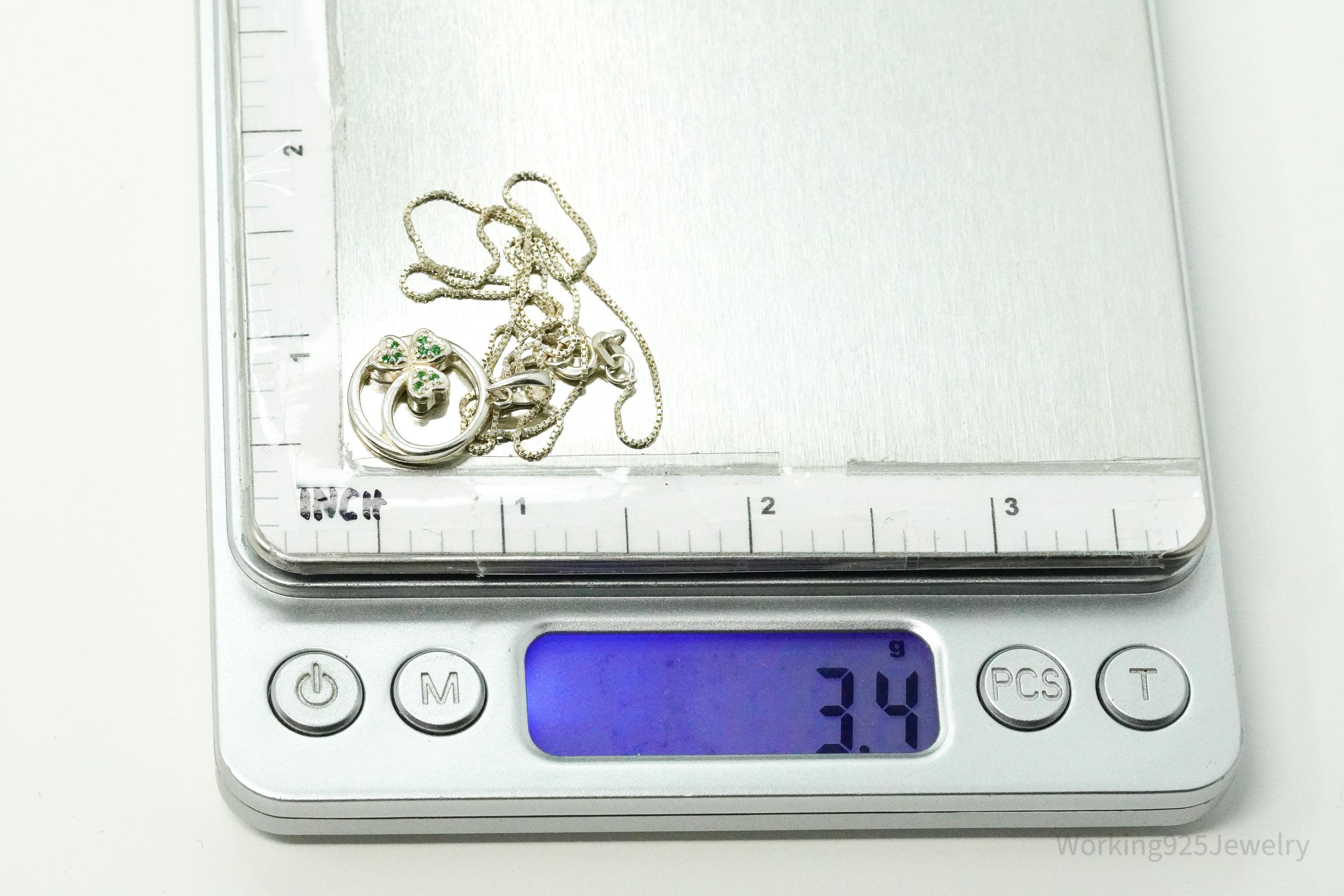 Vintage SOLVAR Three Leaf Clover Green Stone Sterling Silver Necklace - 16"