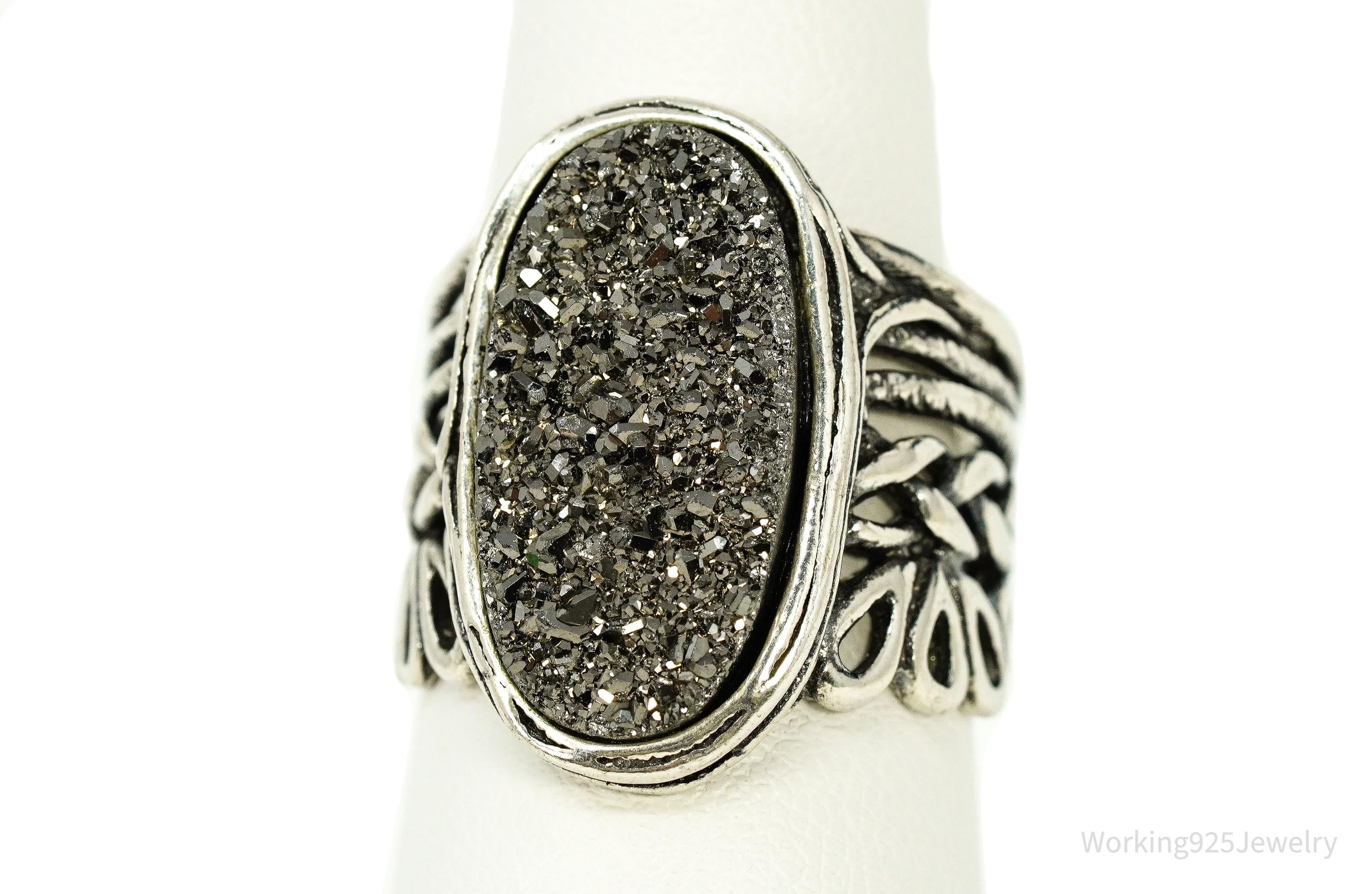 Vintage Israel Or Paz PZ Druzy Quartz Sterling Silver Ring - Size 7.75