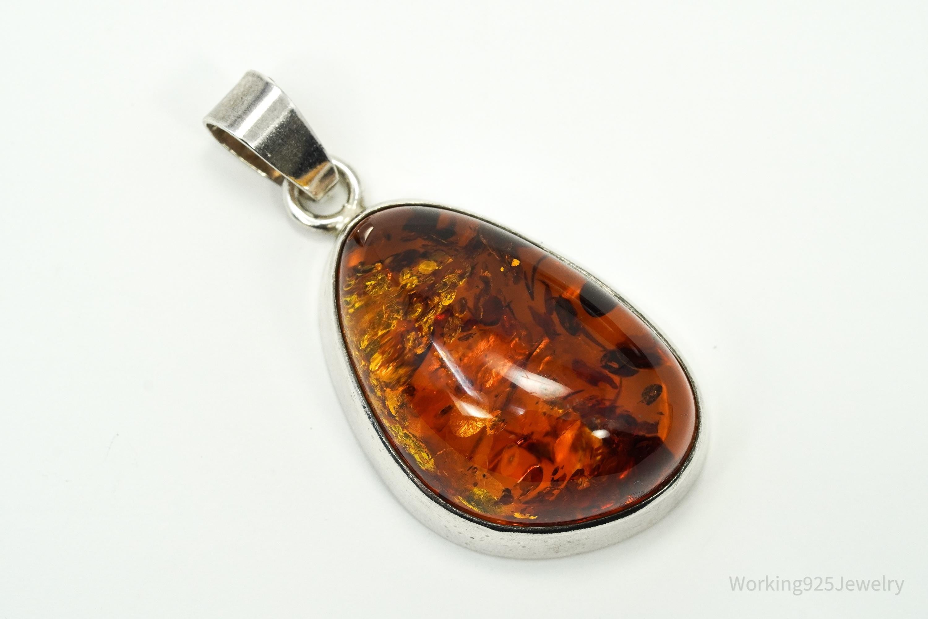 Large Vintage Modernist Amber Sterling Silver Pendant