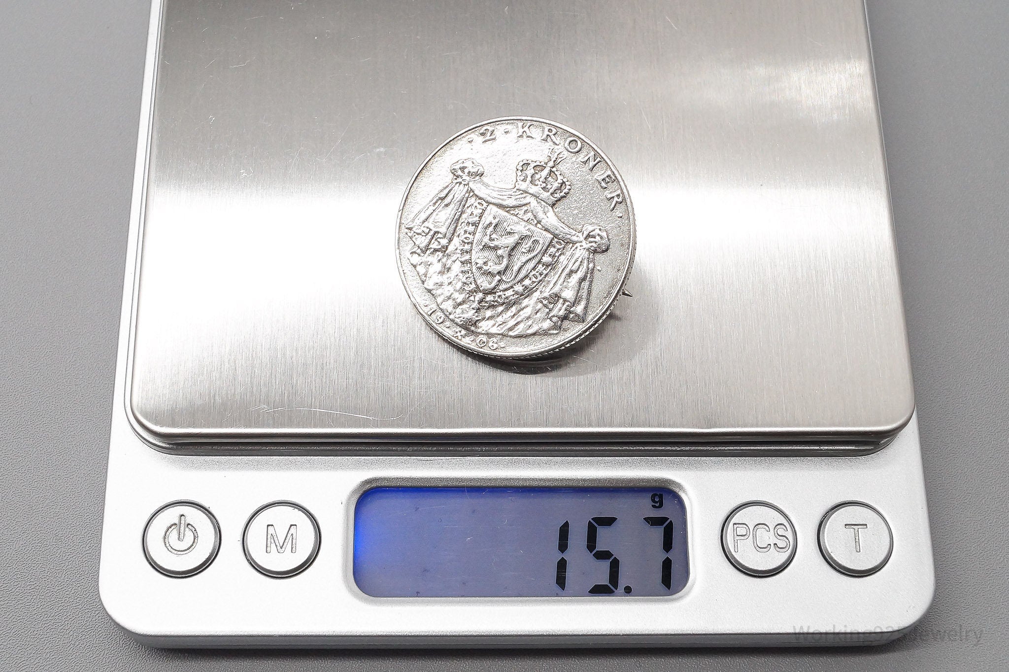 Antique Norway 1906 Silver 2 Kroner Silver Coin Brooch Pin