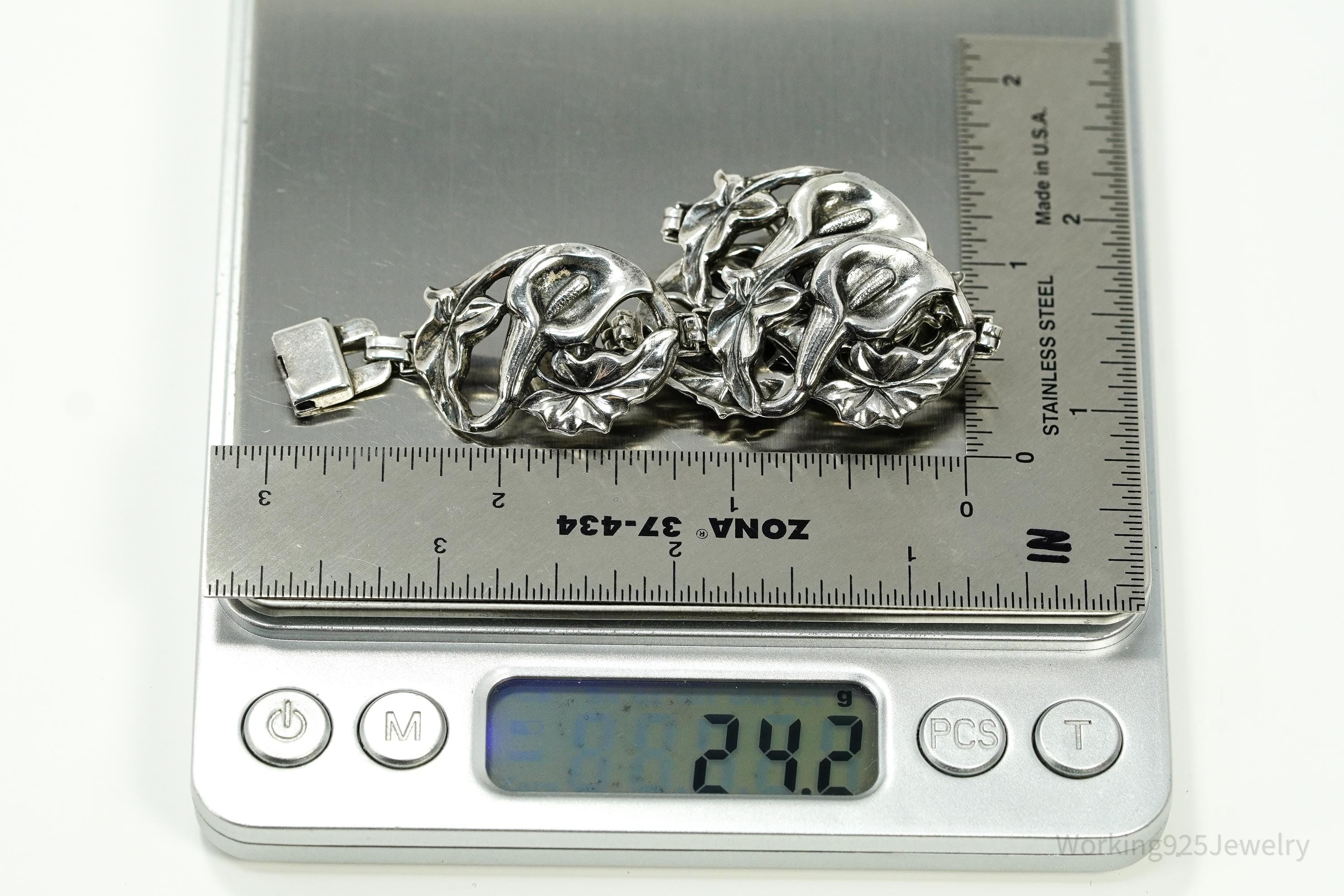 Antique Calla Lilly Floral Sterling Silver Bracelet 7 7/8"