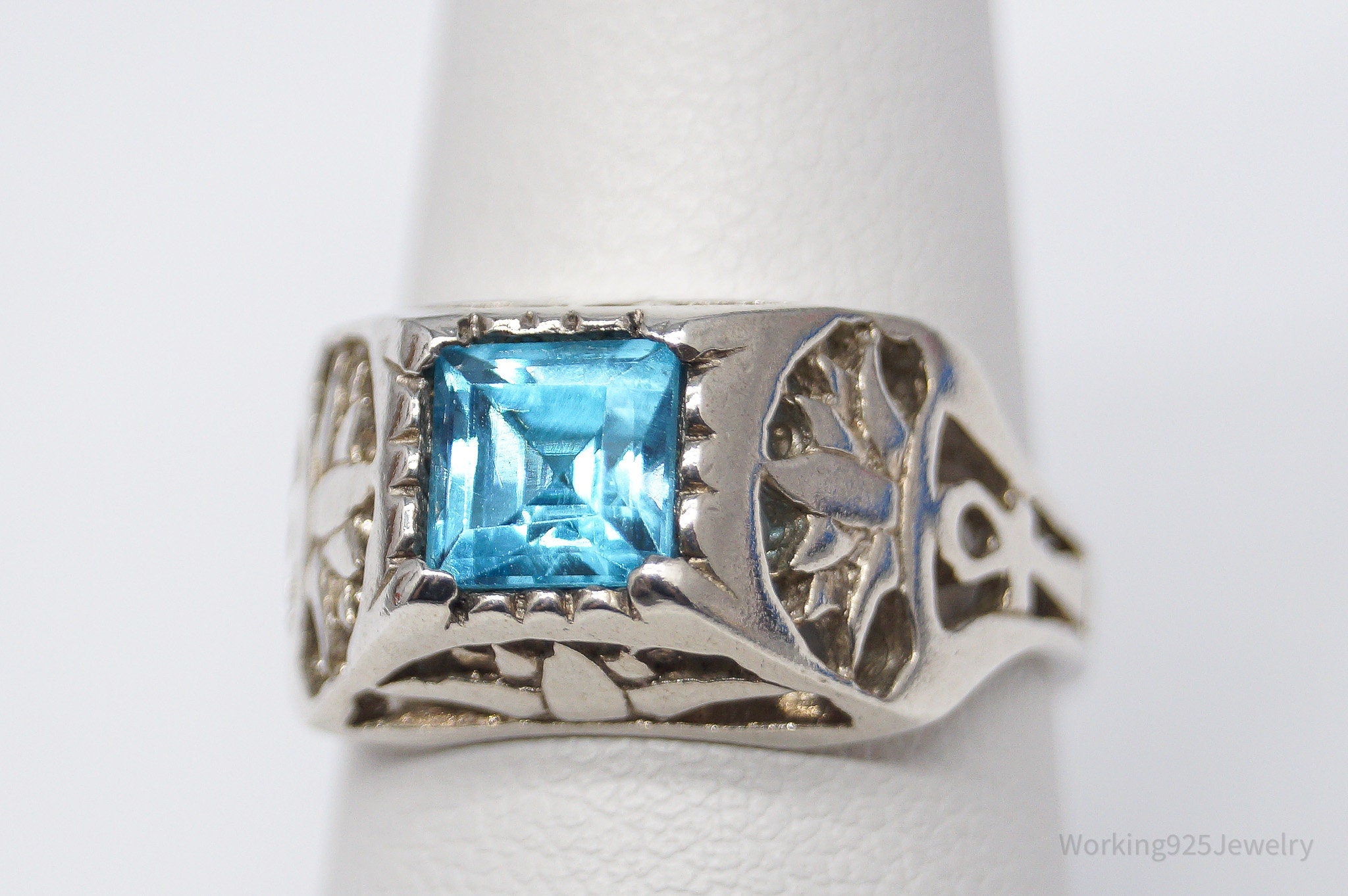Vintage Blue Topaz Ankh Cross & Lotus Sterling Silver Ring - Size 7.75