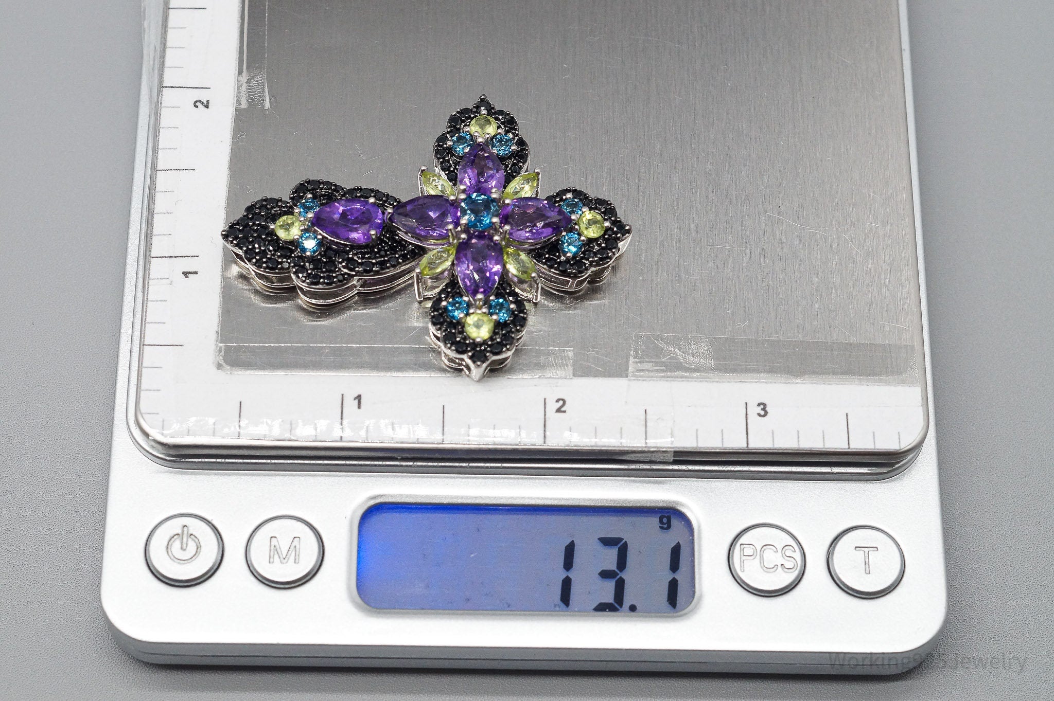 Large JTV DK Multi Gemstone Rhodium Over Sterling Silver Cross Pendant