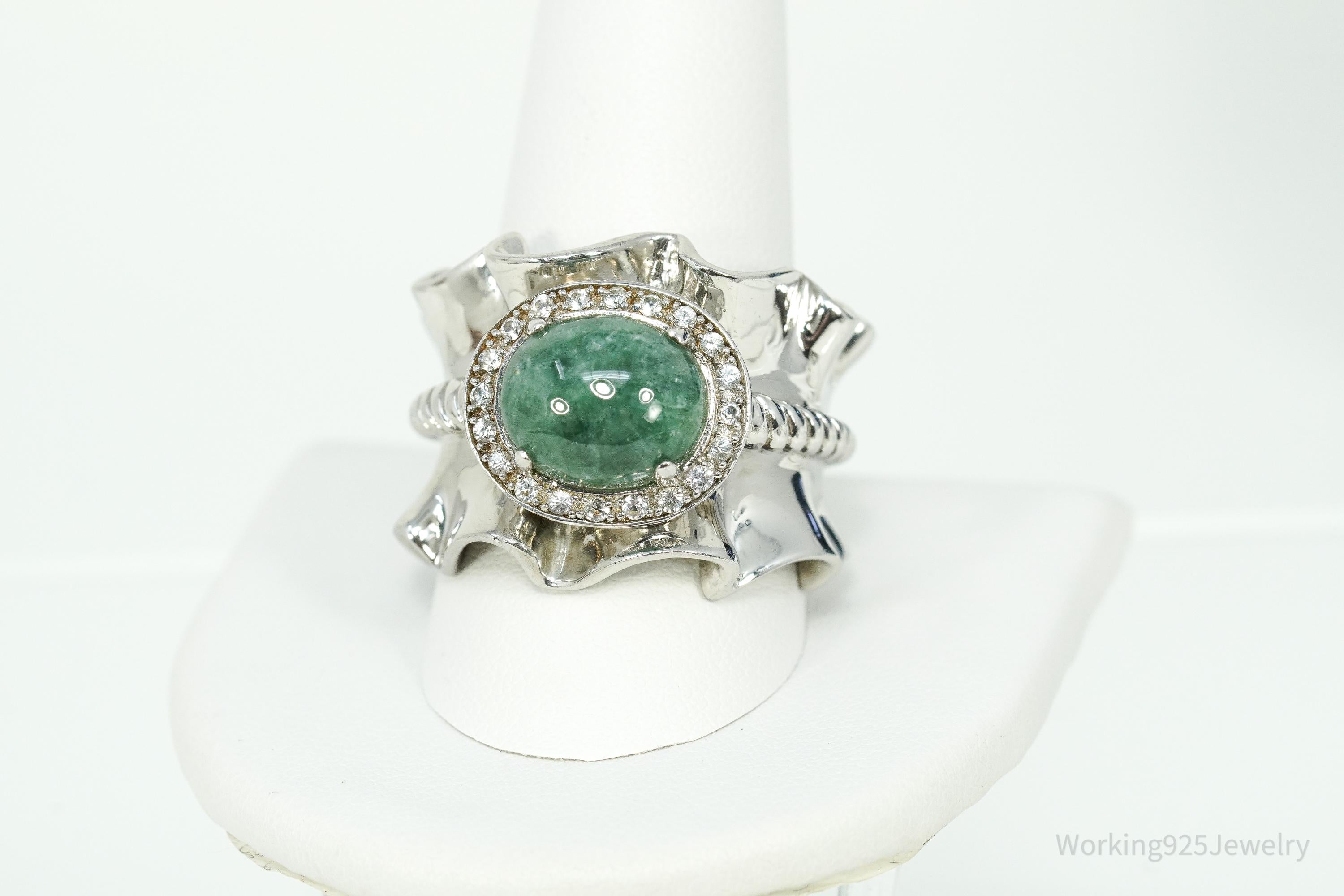 Michelle Albala Green Jadeite & White Topaz Sterling Silver Ring - Size 11.25