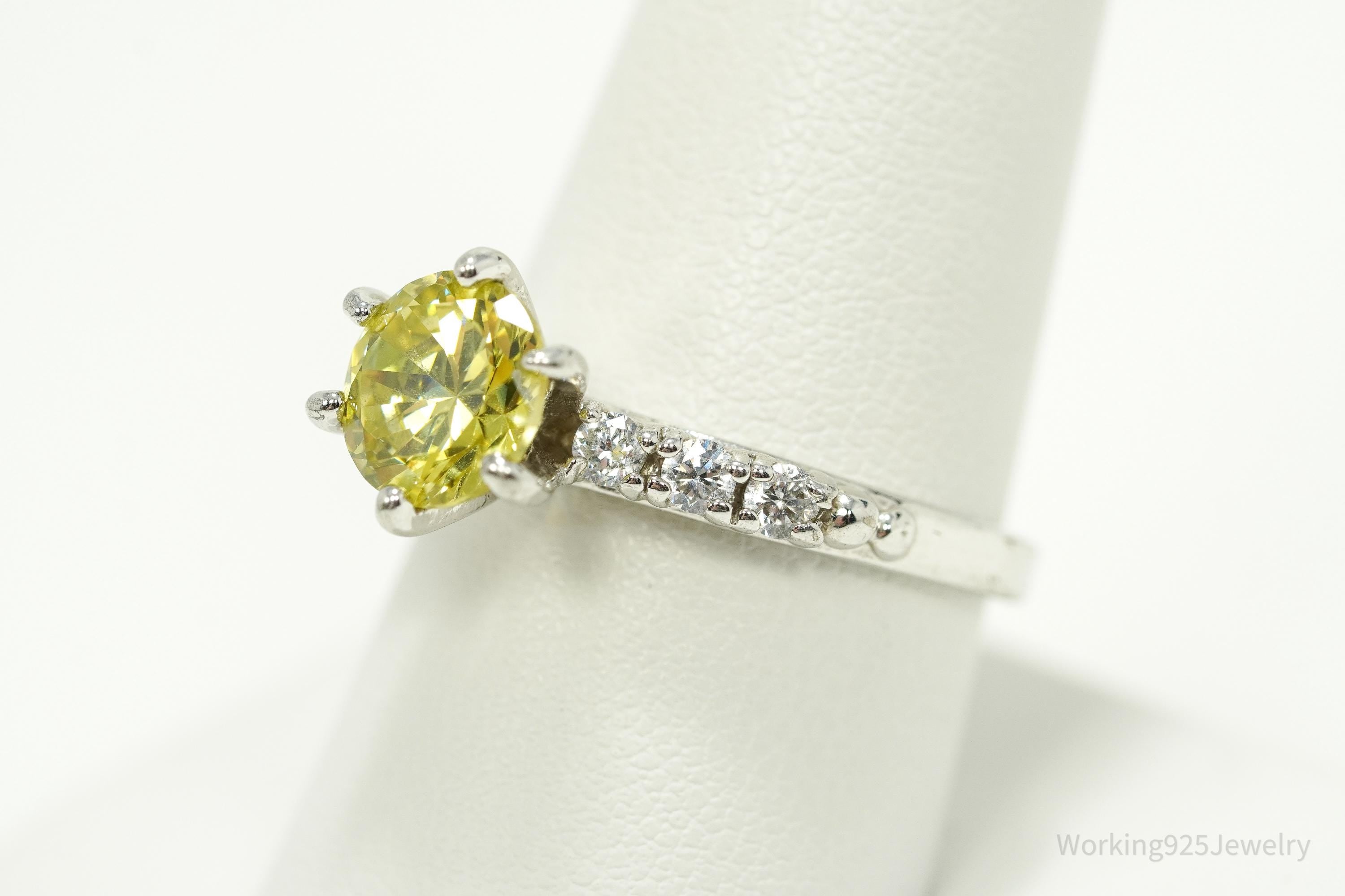 Vintage Yellow & White Cubic Zirconia Silver Ring - Size 9