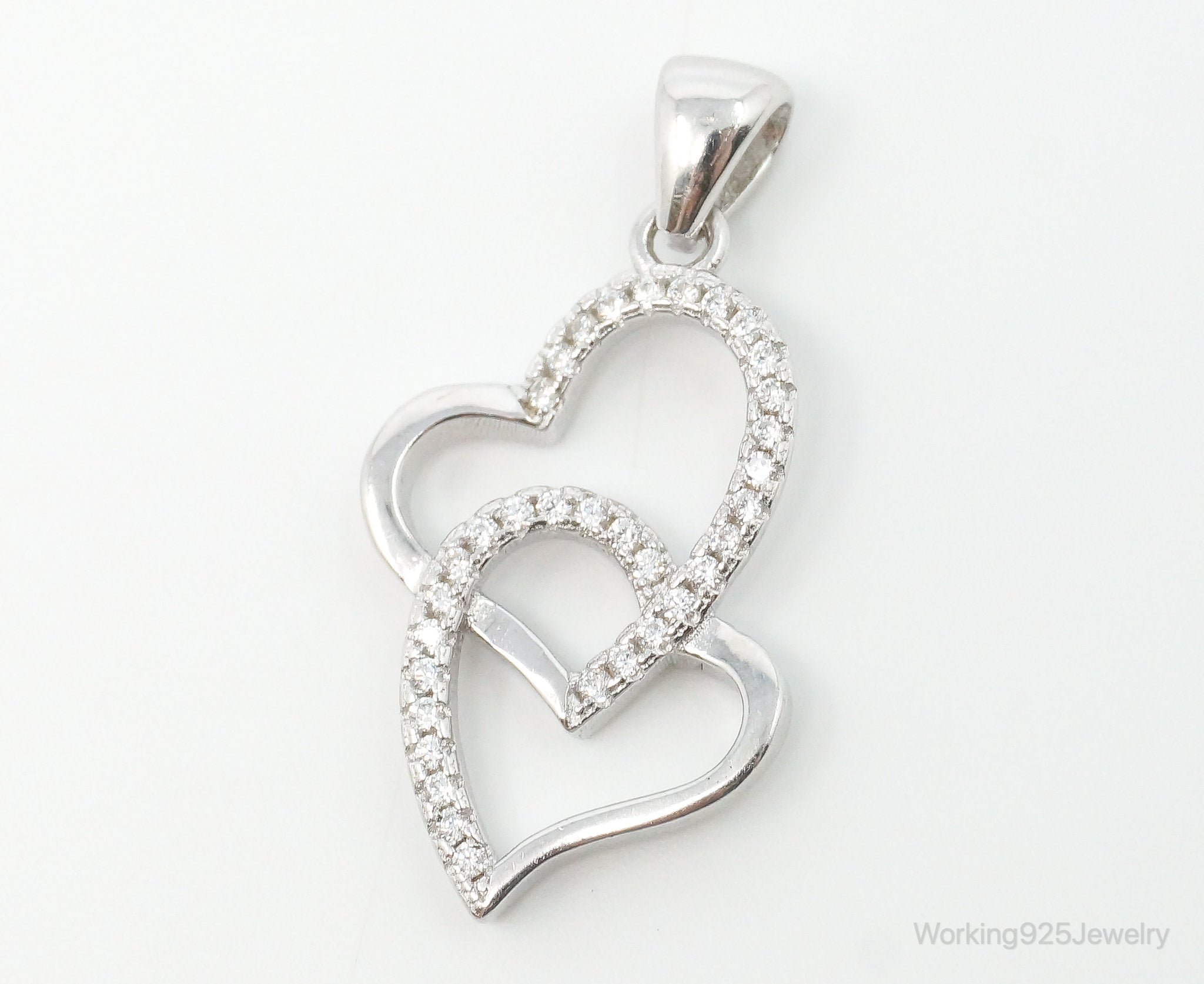 Vintage Open Hearts Cubic Zirconia Accented Sterling Silver Necklace Pendant