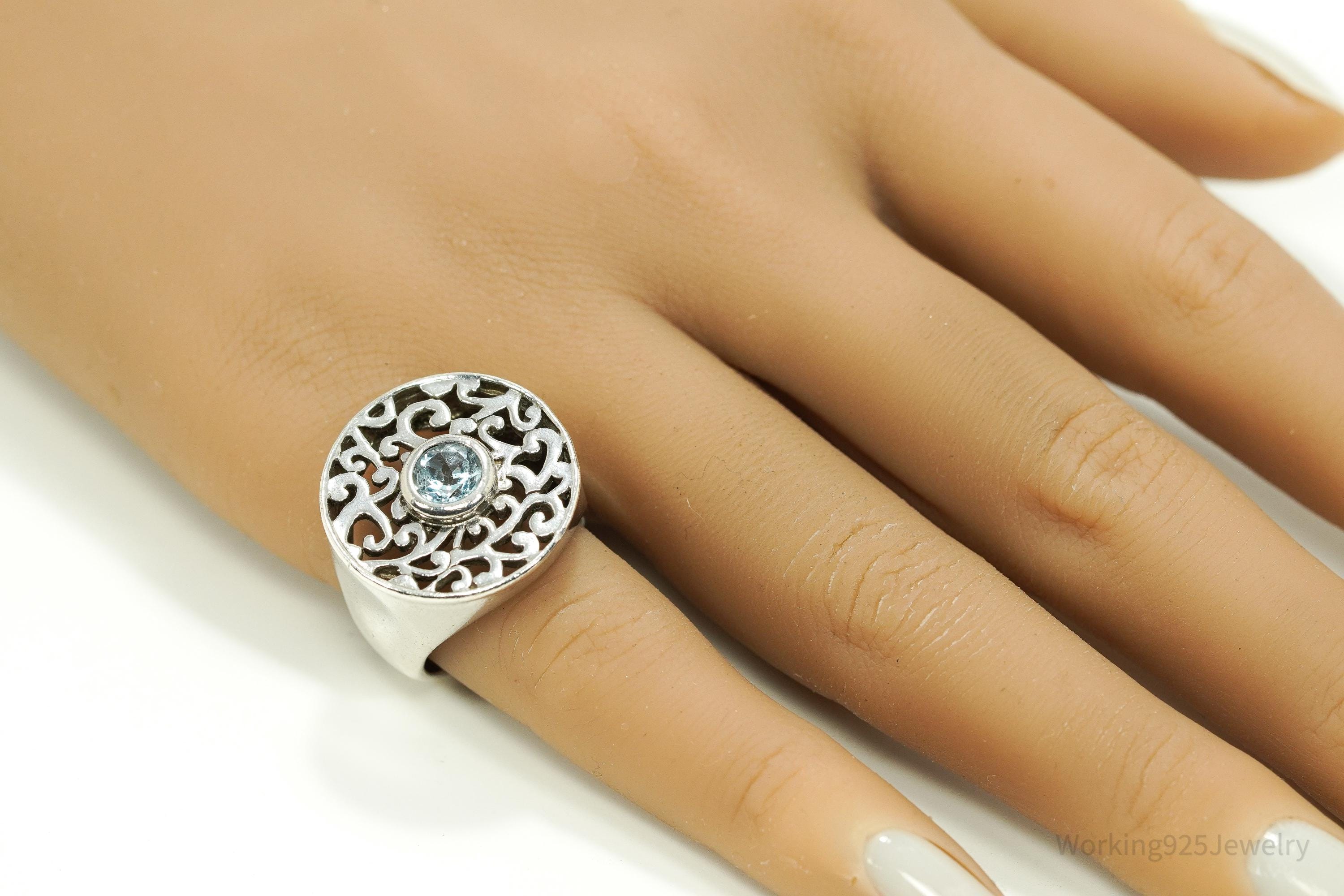 Vintage Blue Topaz Filigree Sterling Silver Ring - Size 7