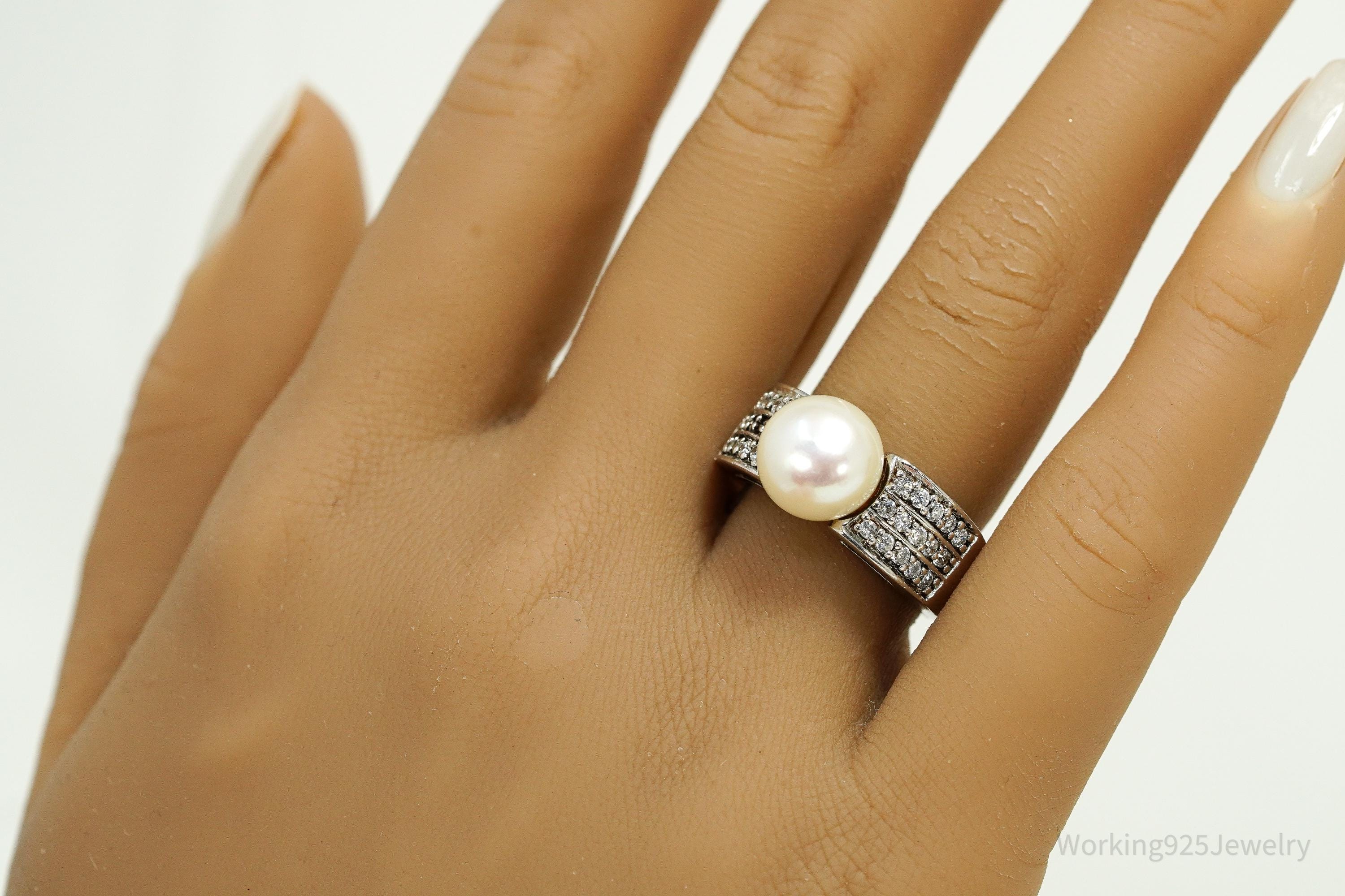 Vintage Pearl & Cubic Zirconia Sterling Silver Ring - Size 7.25