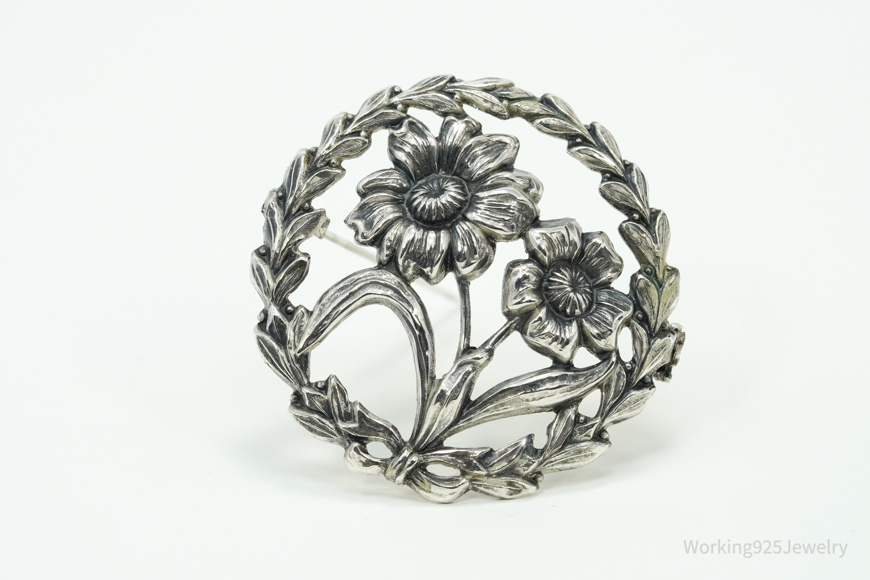 Antique Floral Wreath Sterling Silver Brooch Pin