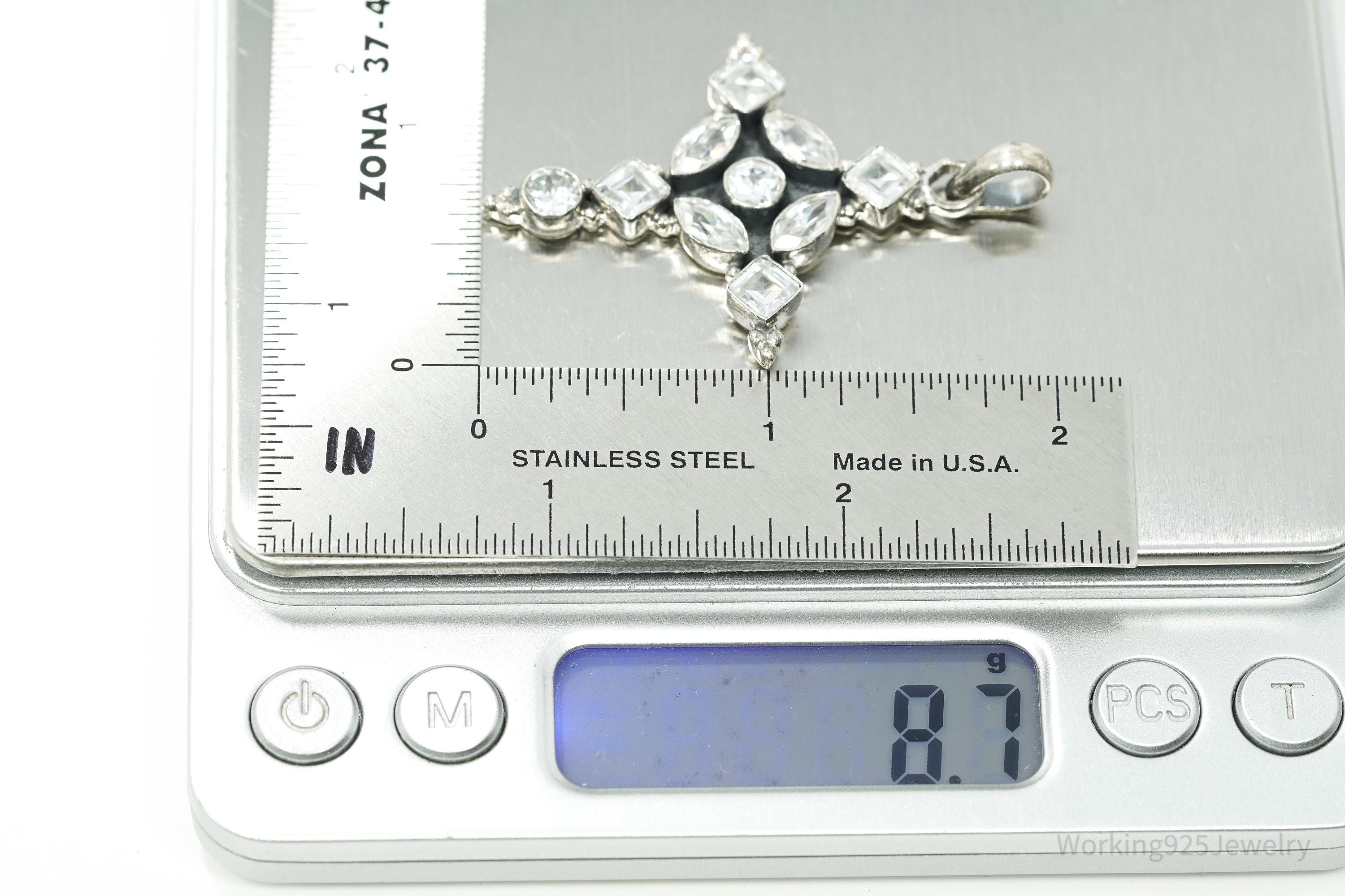 Large Vintage Cubic Zirconia Cross Sterling Silver Necklace Pendant 2"