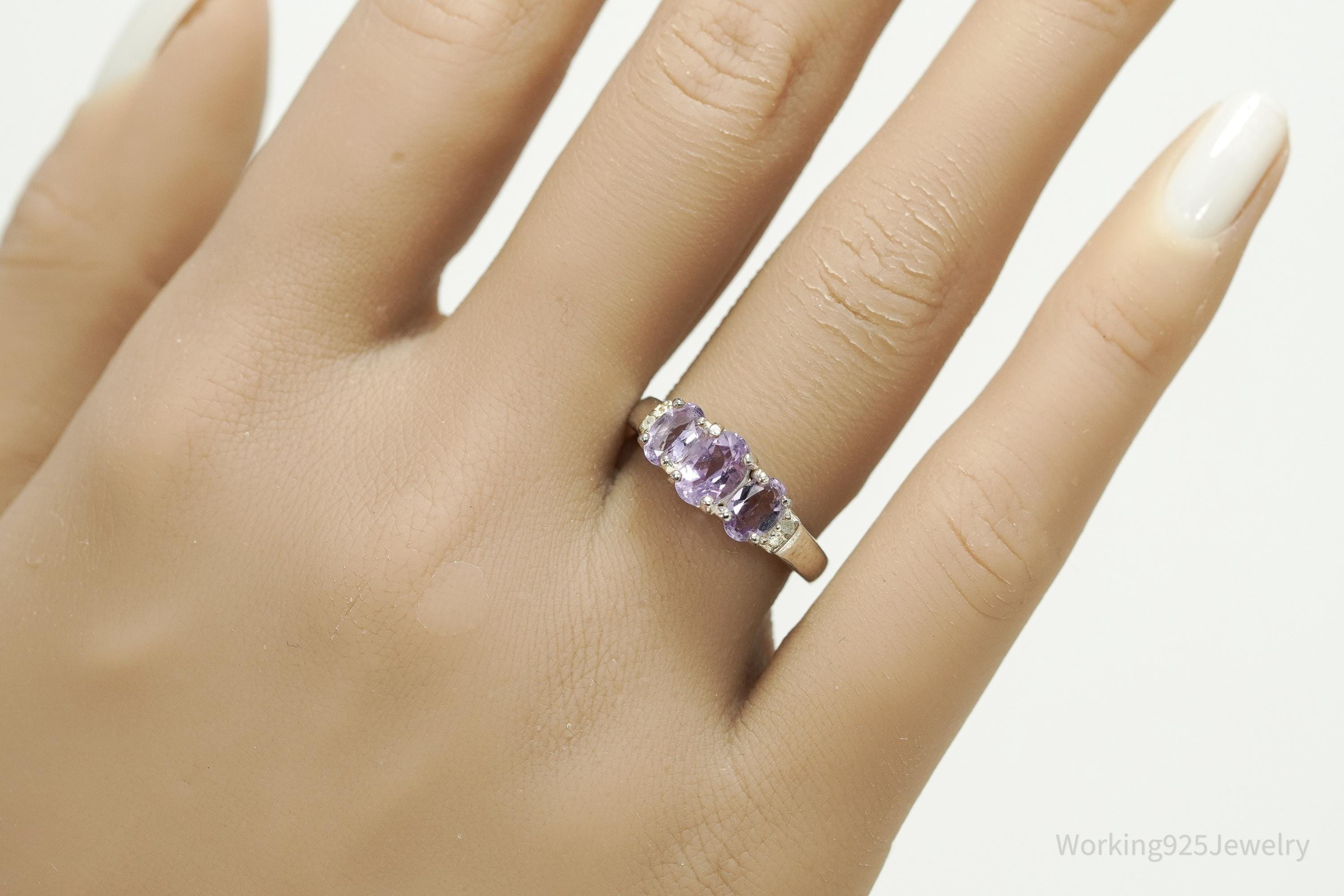 Vintage Amethyst & Diamond Sterling Silver Ring - Size 7
