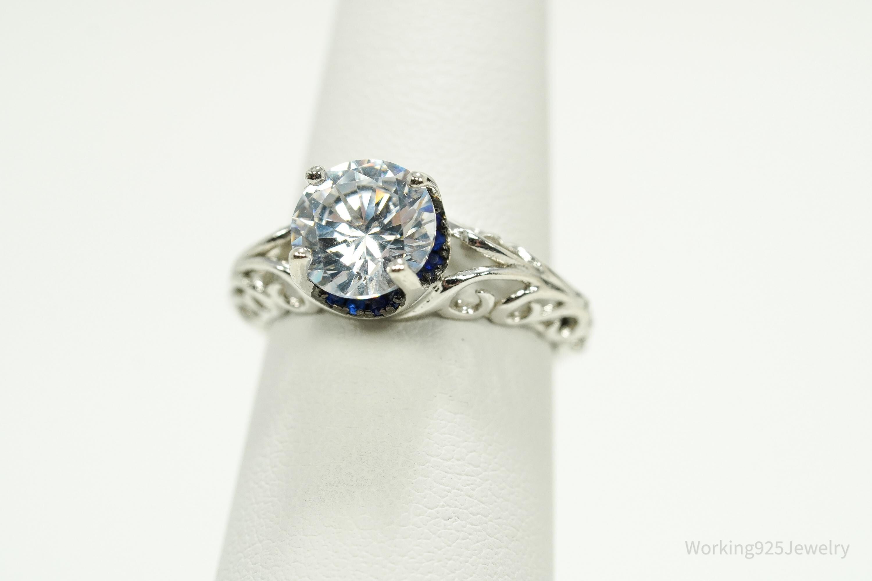 White Cubic Zirconia & Blue Spinel Sterling Silver Ring - Size 5