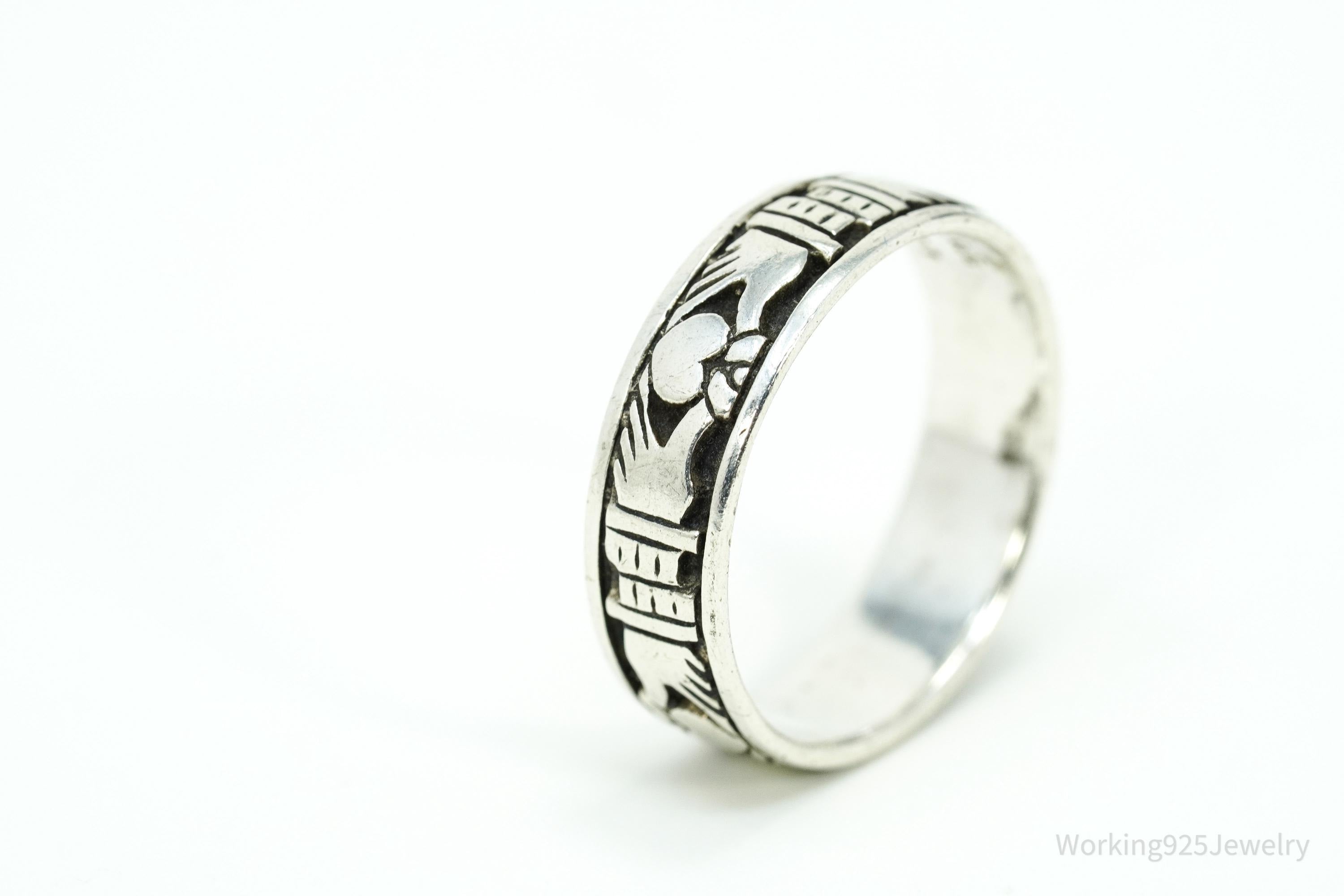 Vintage Claddagh Irish Sterling Silver Band Ring Size 9.5