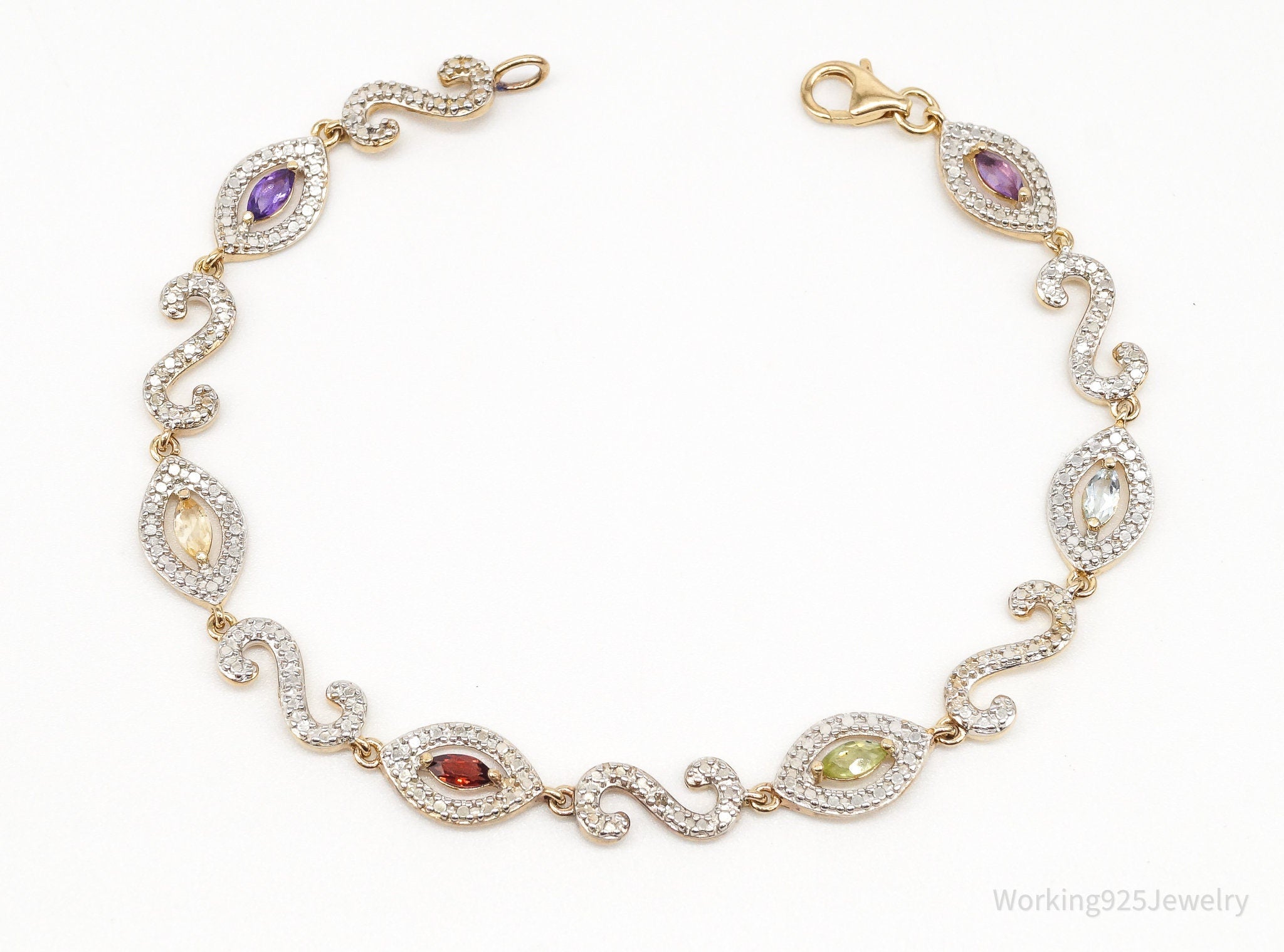 Vintage Multi Gem Single Diamond Gold Over Sterling Silver Bracelet