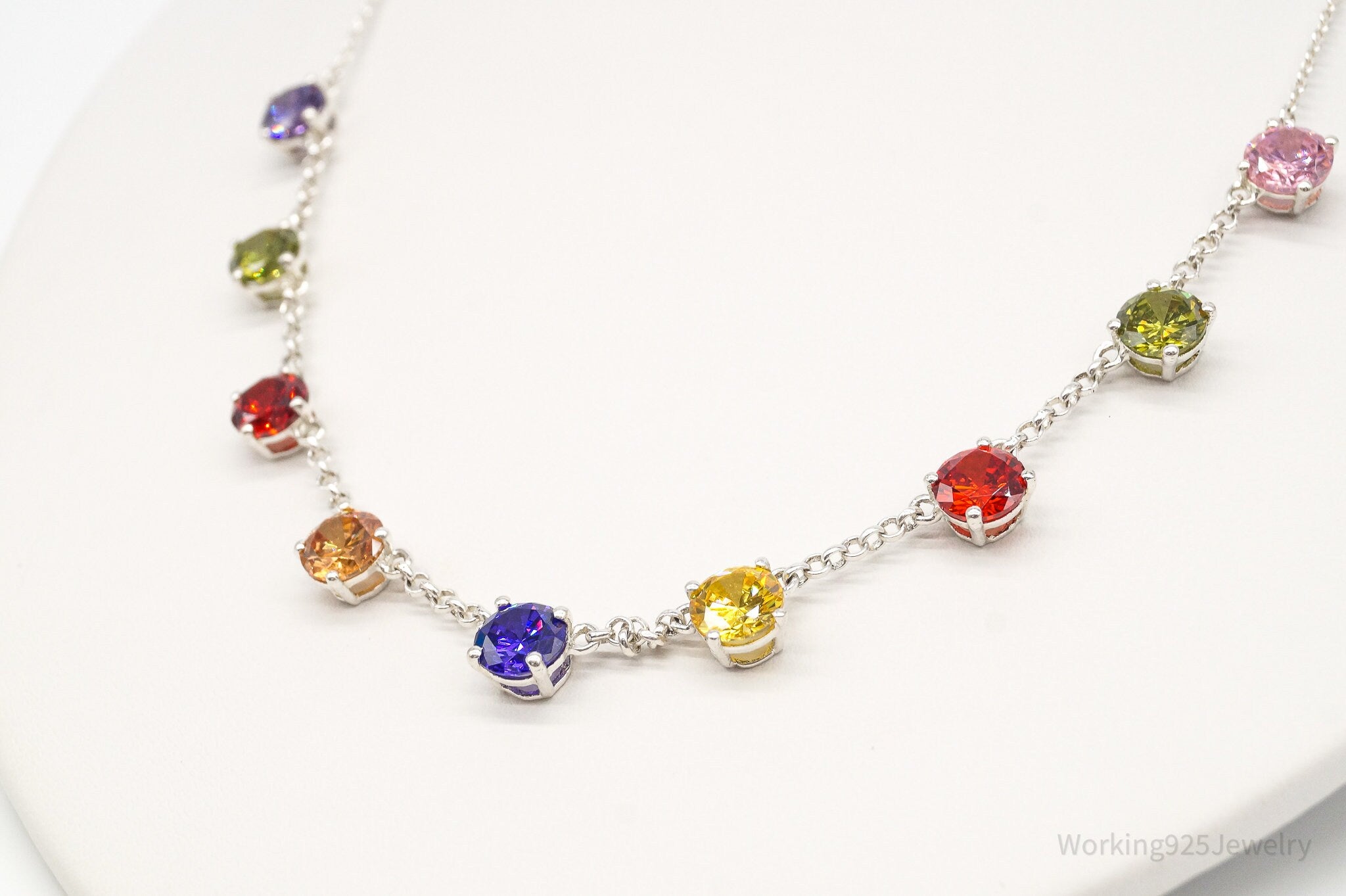 Vintage Multi Rainbow Colors Cubic Zirconia Sterling Silver Necklace