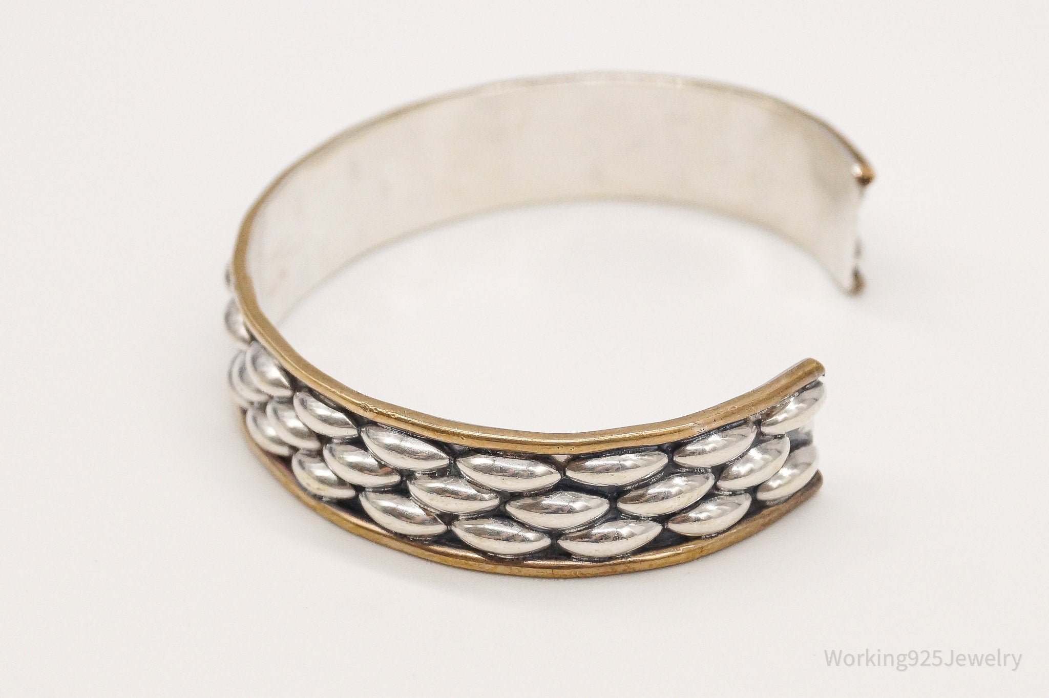 Vintage Mexico Designer Modernist Style Brass Sterling Silver Cuff Bracelet