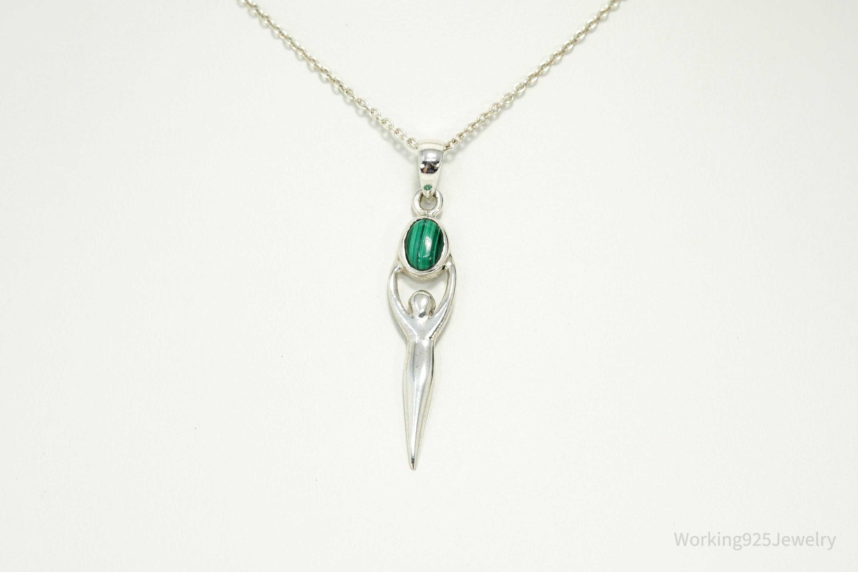 Vintage Malachite Goddess Sterling Silver Necklace 16"