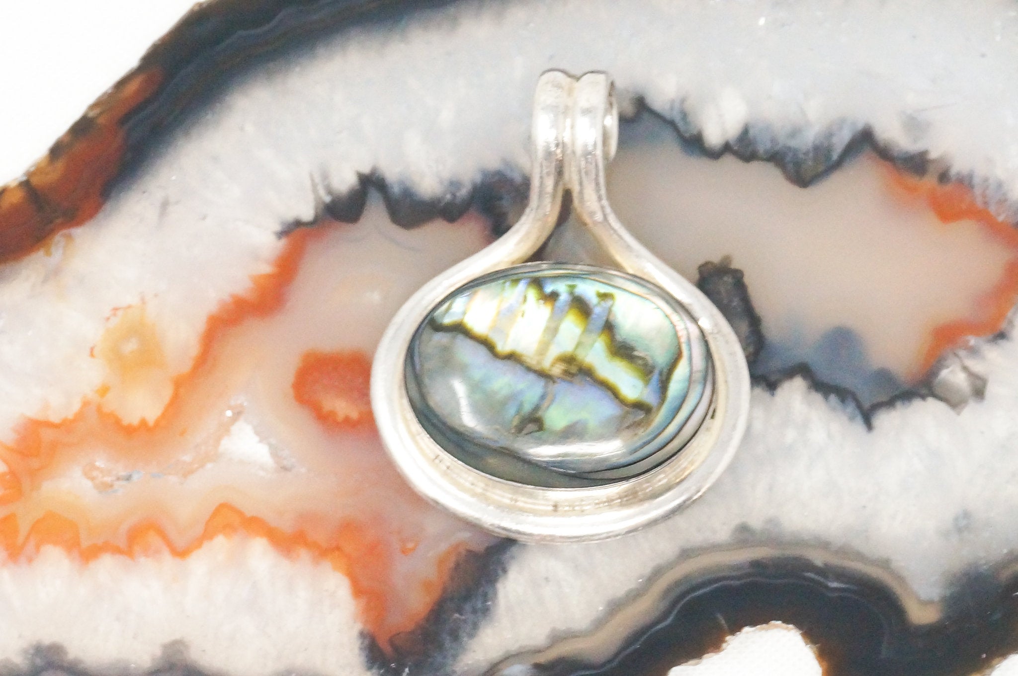 Vintage Mexico Designer Paua Abalone Shell Southwestern Sterling Silver Pendant