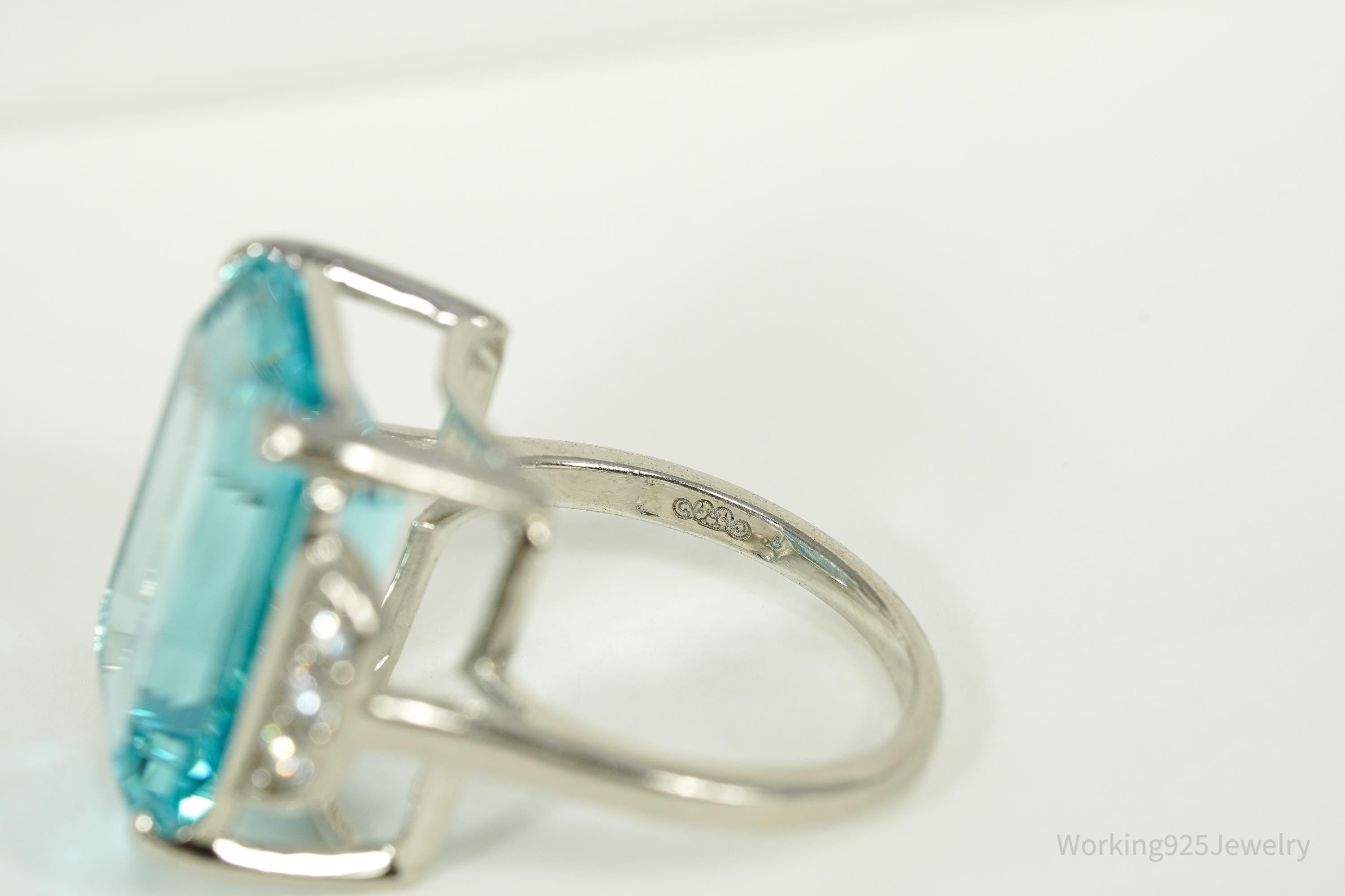 Vintage Large Blue Topaz & Cubic Zirconia Sterling Silver Ring - Size 9