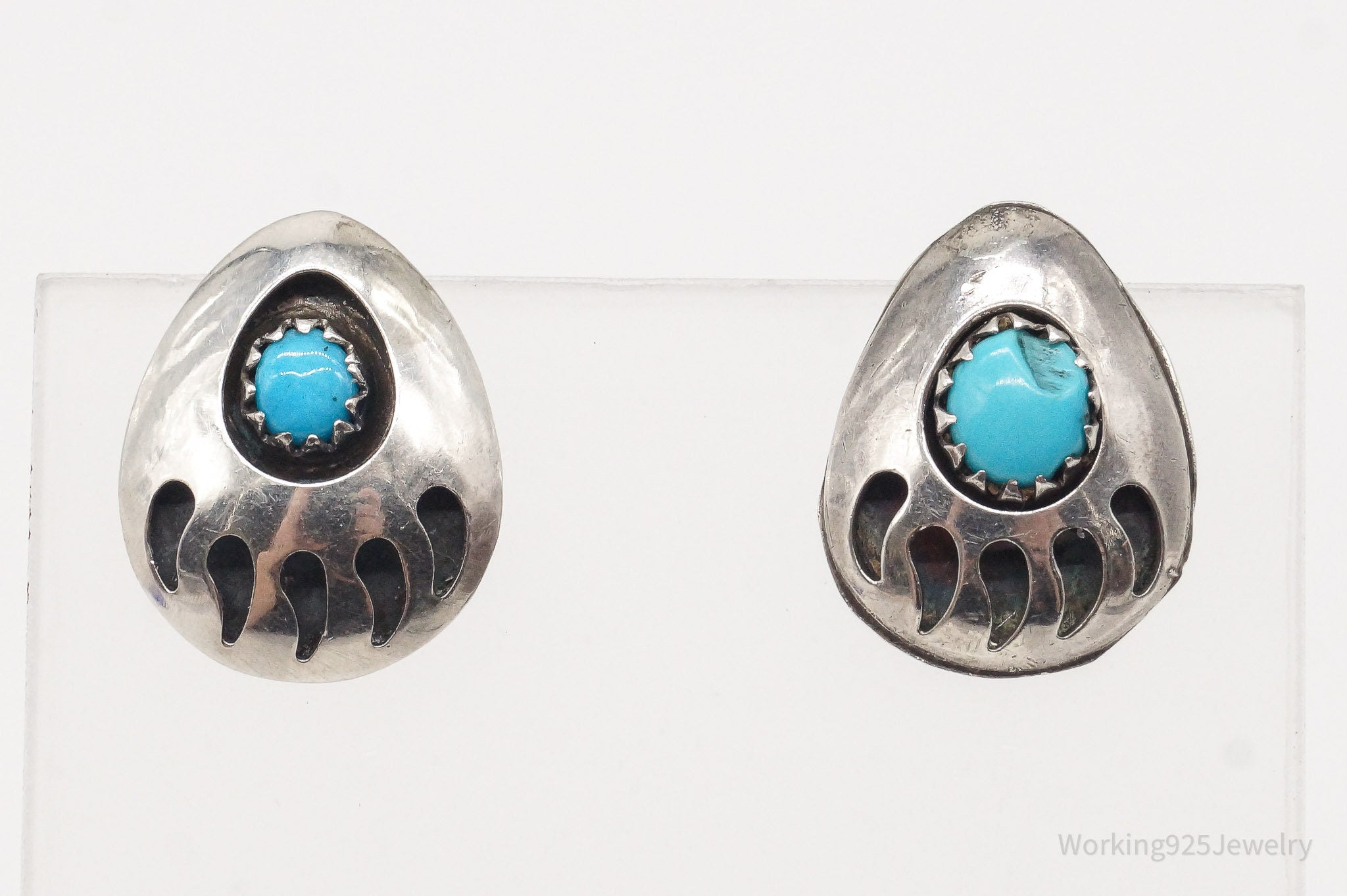 Vintage Native American Turquoise Bear Paw Print Silver Earrings