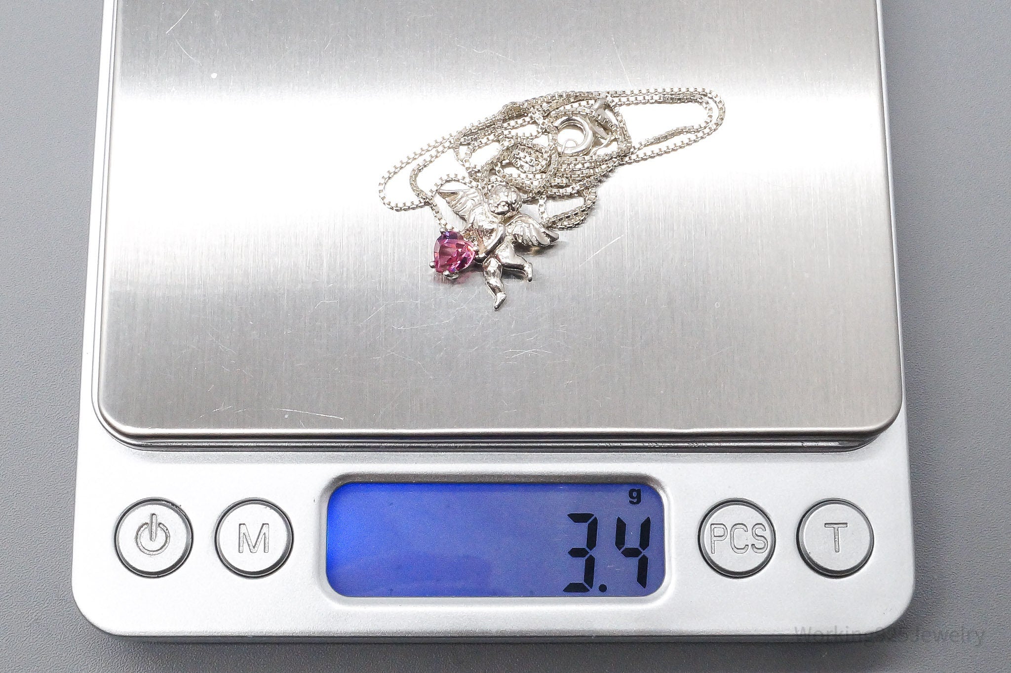 Vintage Angel Cherub Pink Gemstone Sterling Silver Necklace 18"
