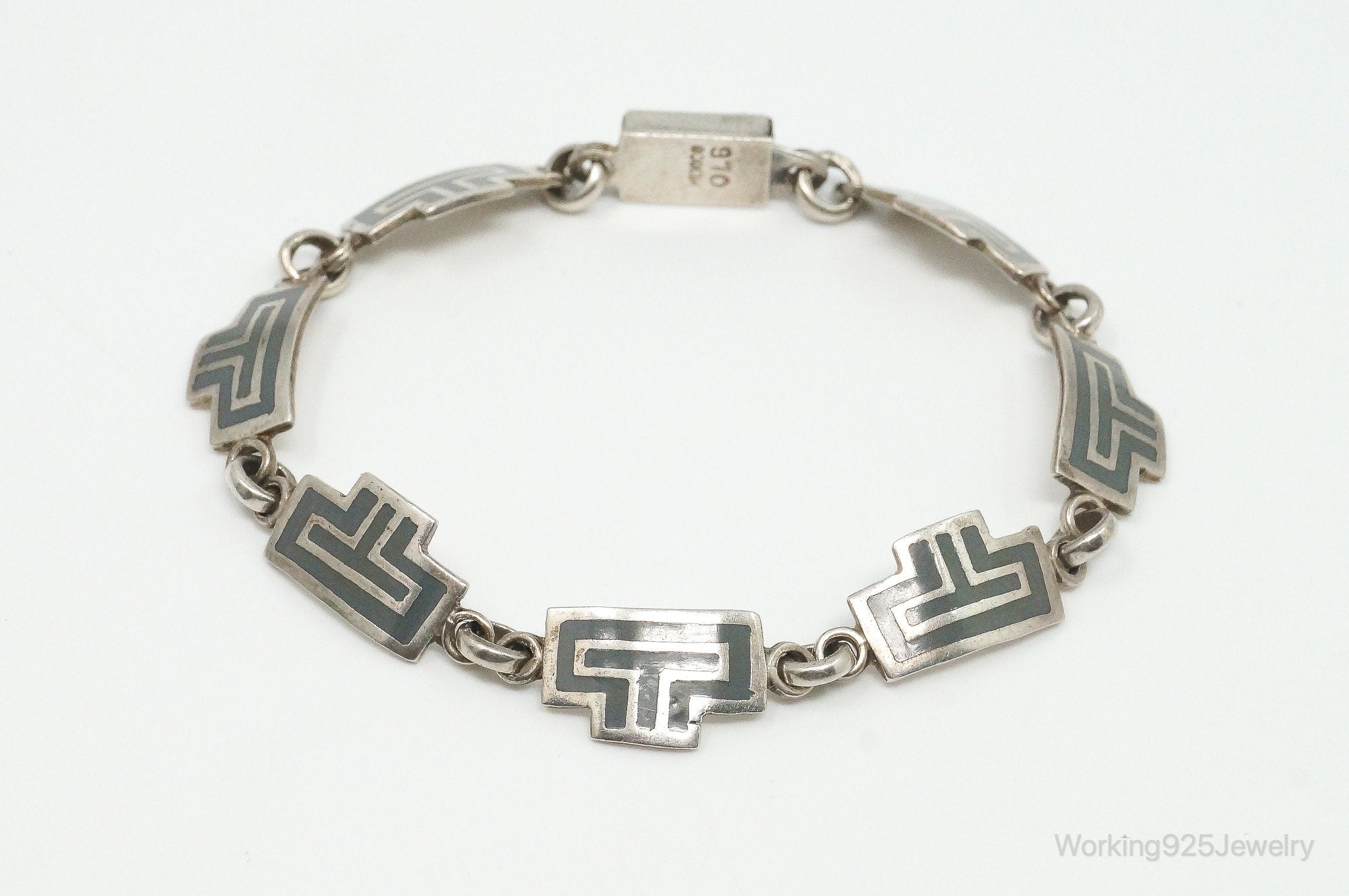 Vintage Mexico Enamel Modernist 970 Silver Bracelet