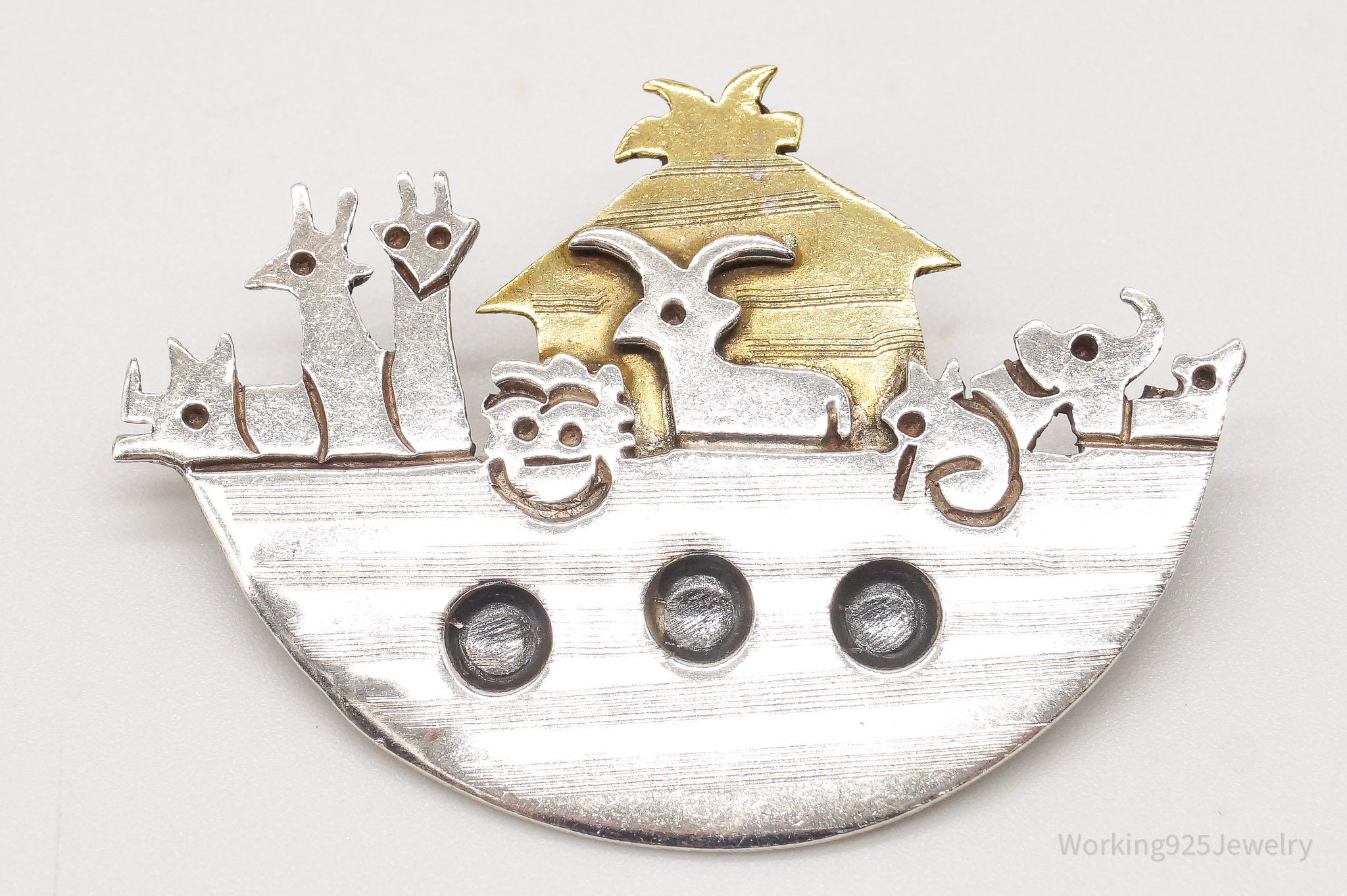 Vintage Mexico Noahs Ark Brass Sterling Silver Brooch Pin