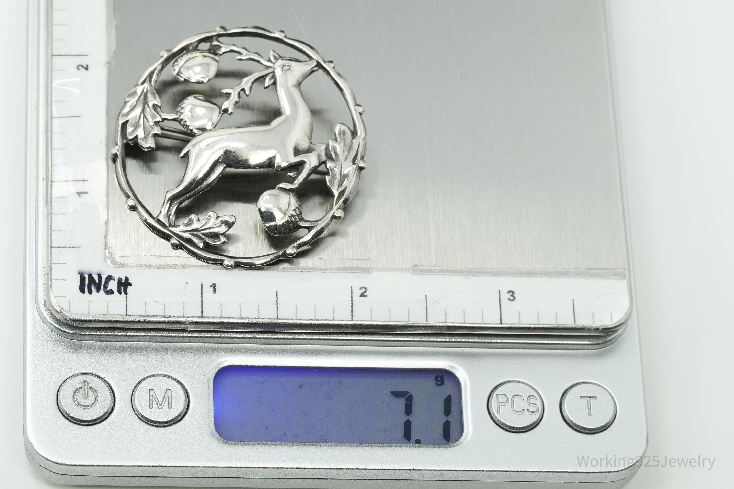 Large Antique Deer & Acorns Sterling Silver Brooch Pin