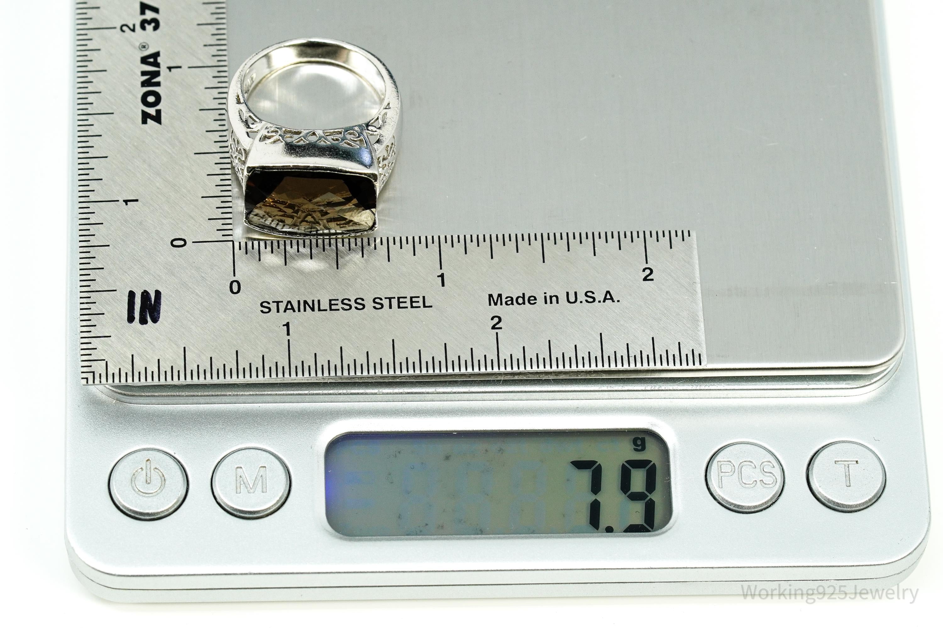 Vintage Large Smoky Topaz Sterling Silver Ring - Size 7.25