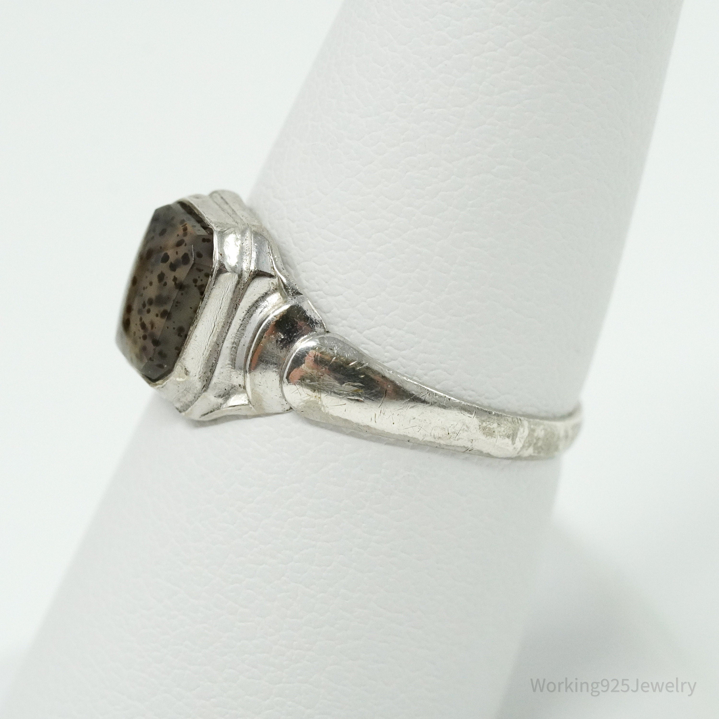 Antique Edwardian Ostby & Barton Moss Agate Sterling Silver Ring Size 7.5