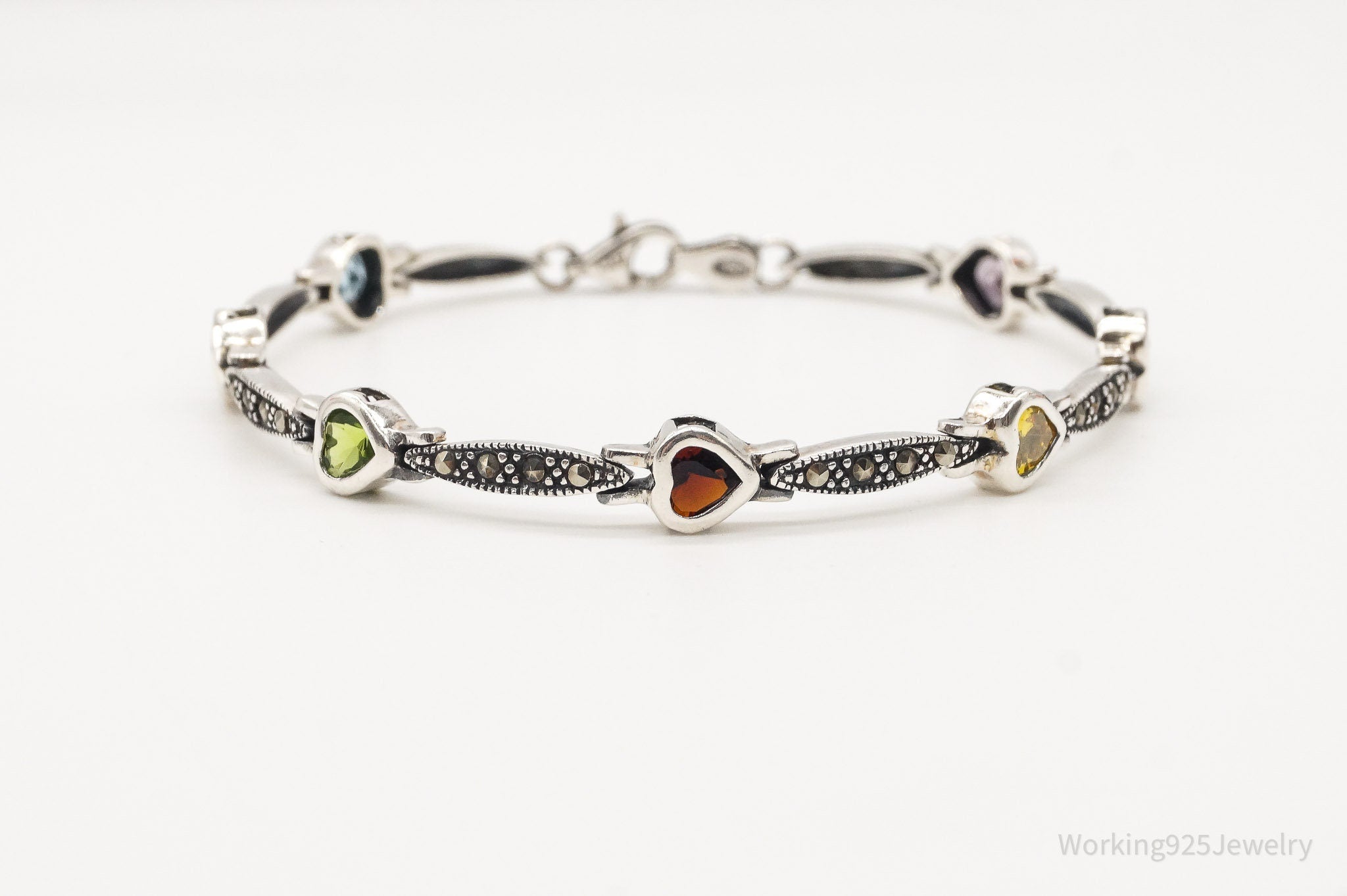 Vintage Multi Gemstones Hearts Sterling Silver Bracelet