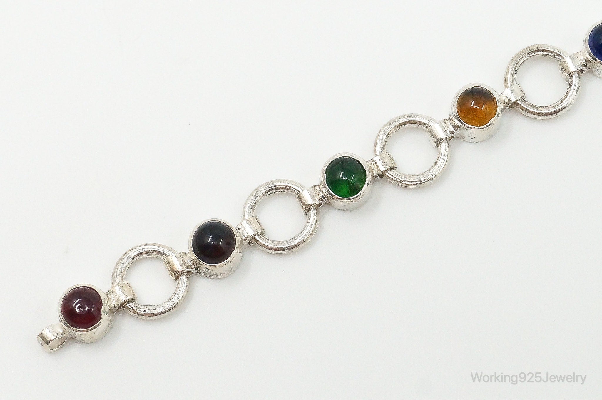 Vintage Mexico Glass Stone Modernist Sterling Silver Chain Bracelet