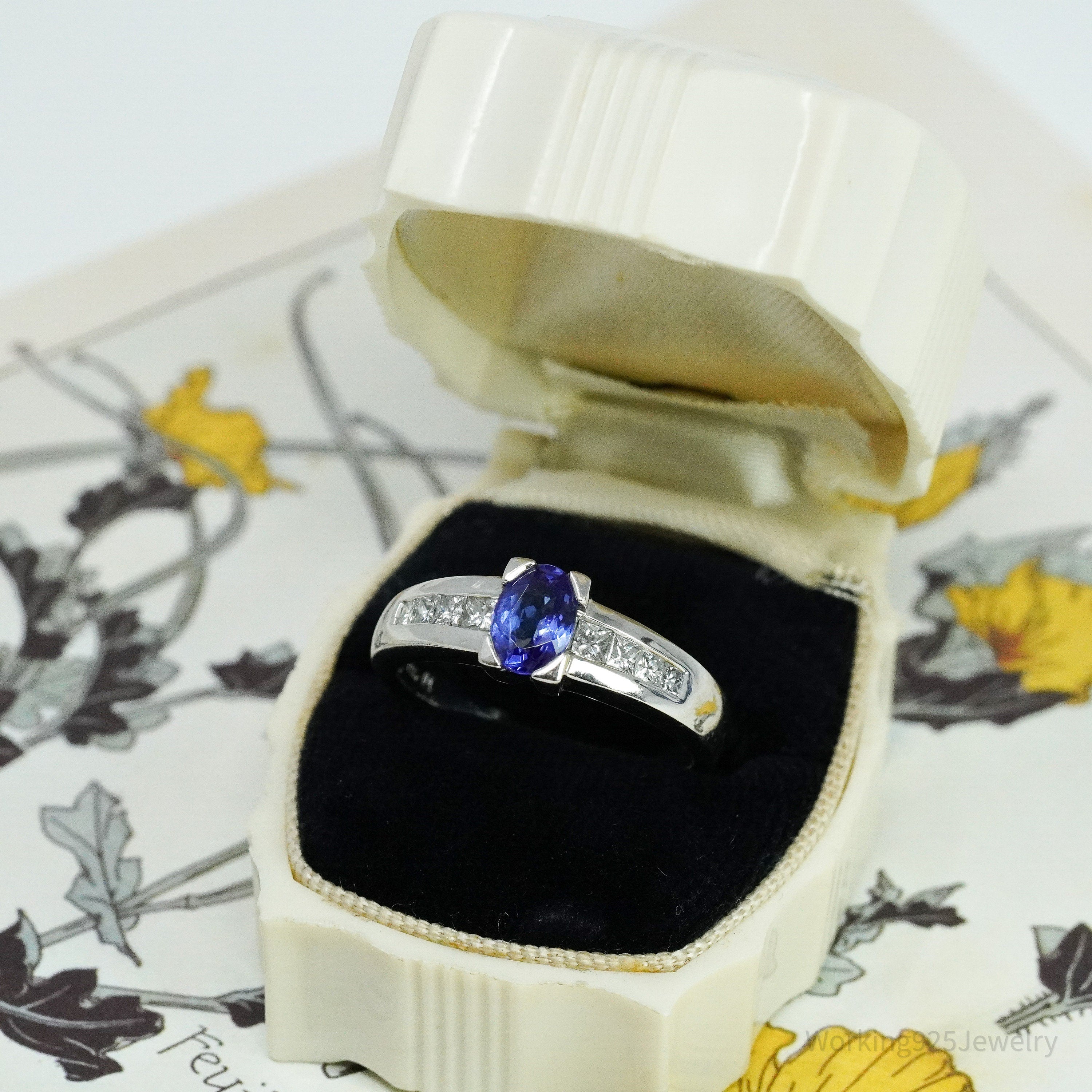 14K White Gold, Diamond & Oval Tanzanite Cocktail Ring - Size 9