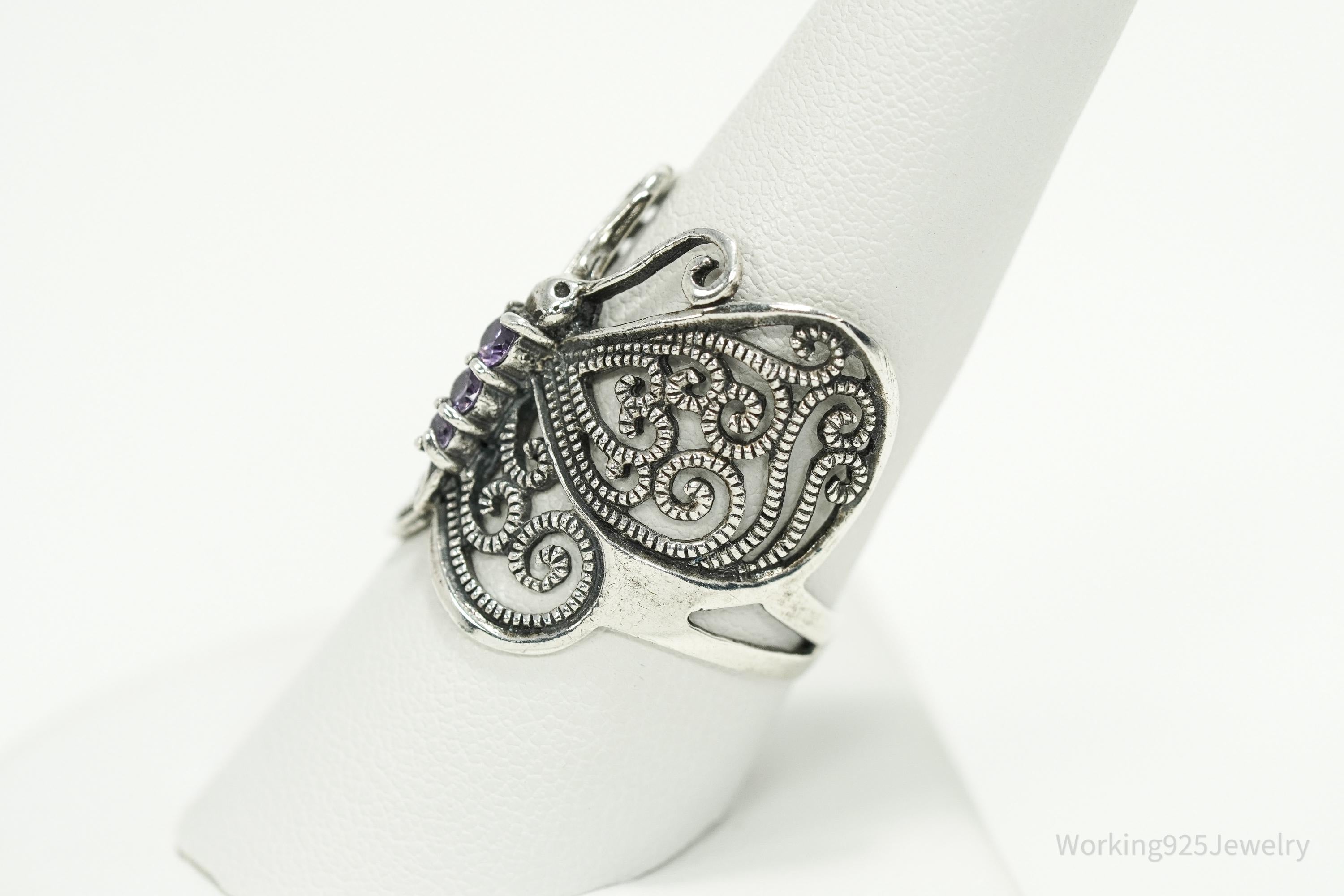 Vintage Amethyst Butterfly Sterling Silver Ring - Size 9.25