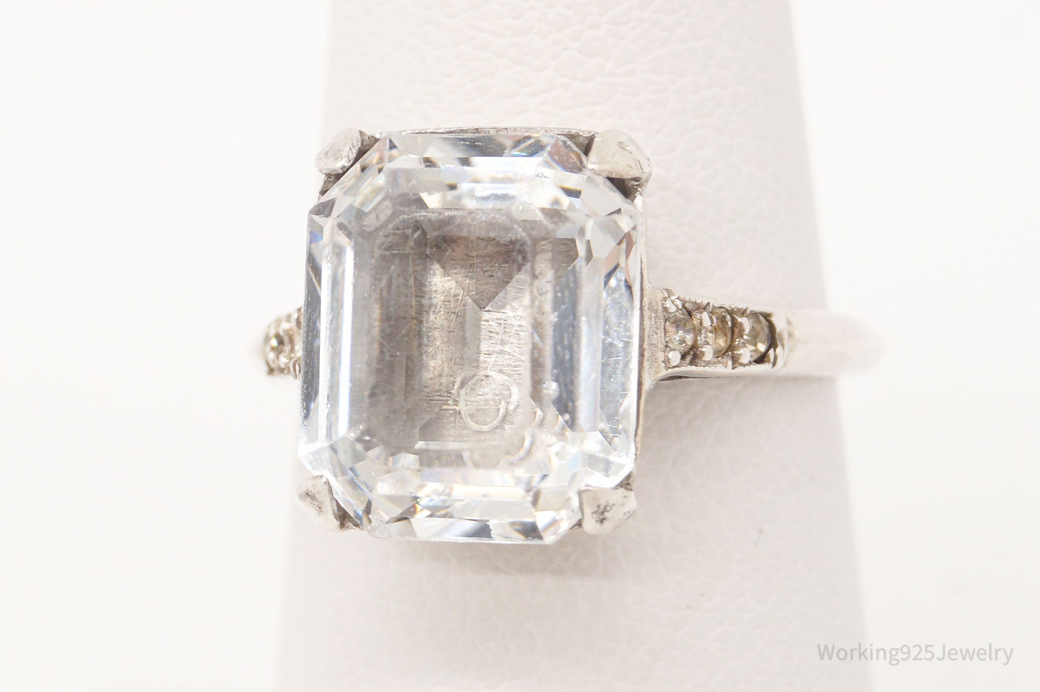 Antique Faux Diamond Glass Sterling Silver Ring - Size 6.75