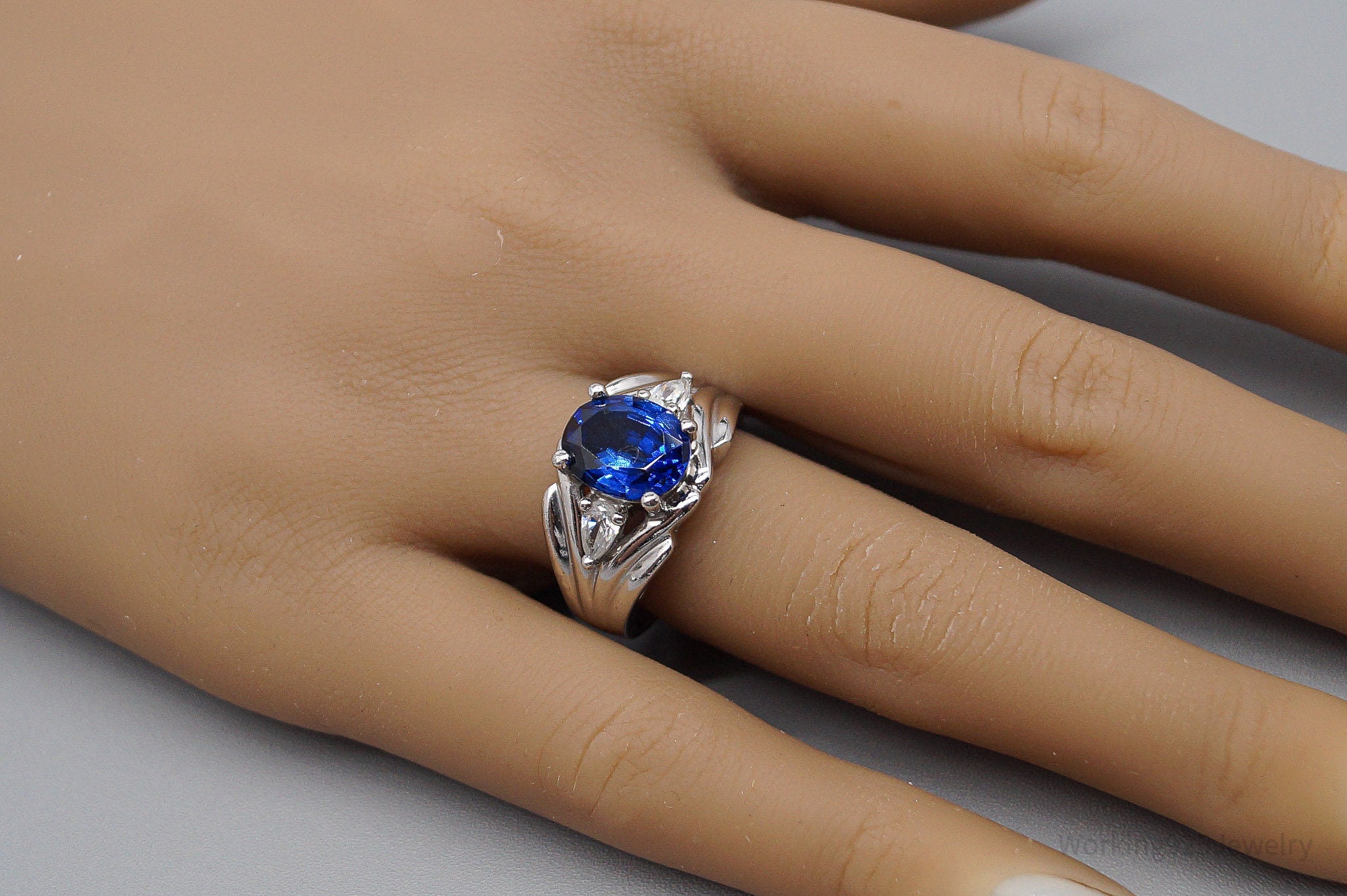 Vintage Lab Sapphire Diamonique Cubic Zirconia Sterling Silver Ring - Size 7.75