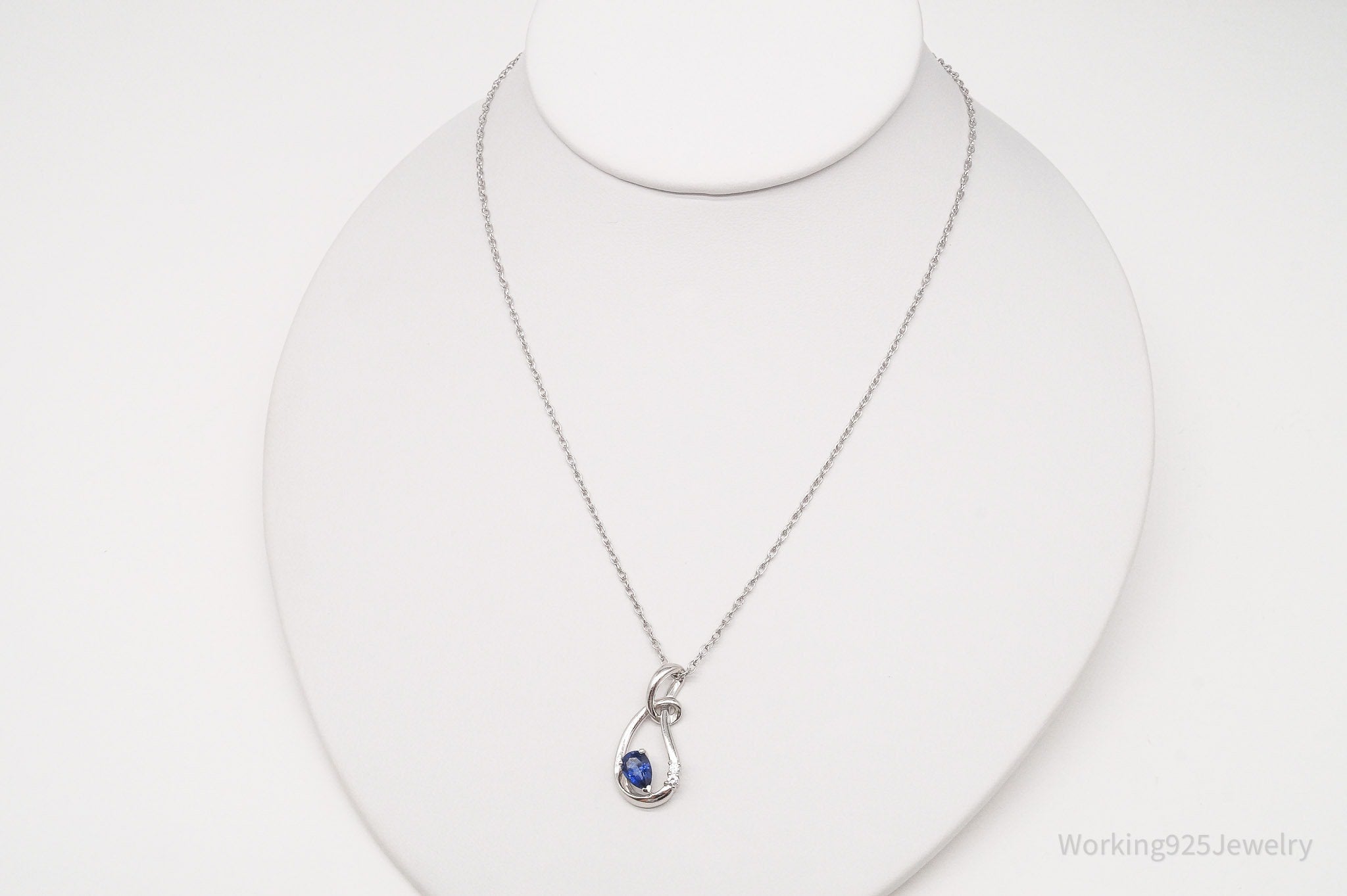 Vintage Blue & White Sapphire Sterling Silver Necklace 16"