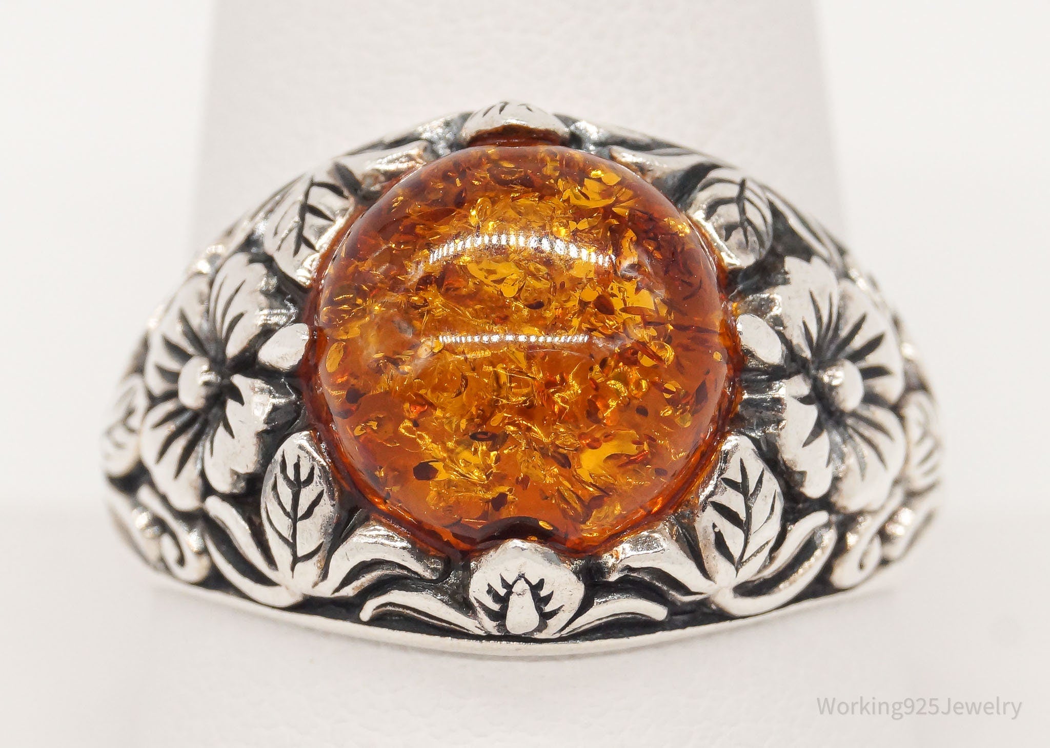 Vintage Designer BBJ Large Amber Floral Sterling Silver Ring - Size 10.75